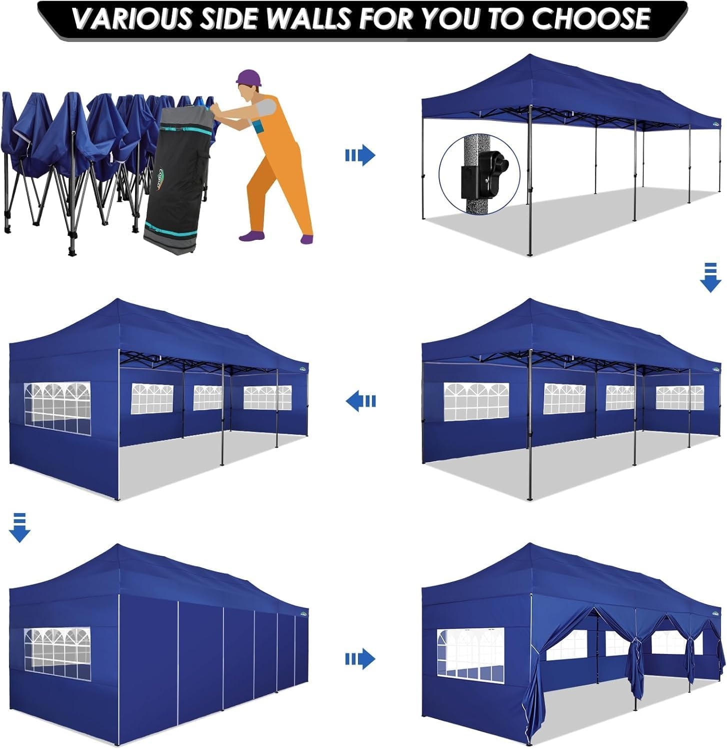 image:imageCOBIZI 66x66ft Pop Up Canopy Tent Heavy Duty Canopy Easy Set up Waterproof Outdoor Canopy Tent for Parties Beach Garden Camping with 1 Handbag 3 Adjustable Heights UPF50 Mist WhiteDark Blue