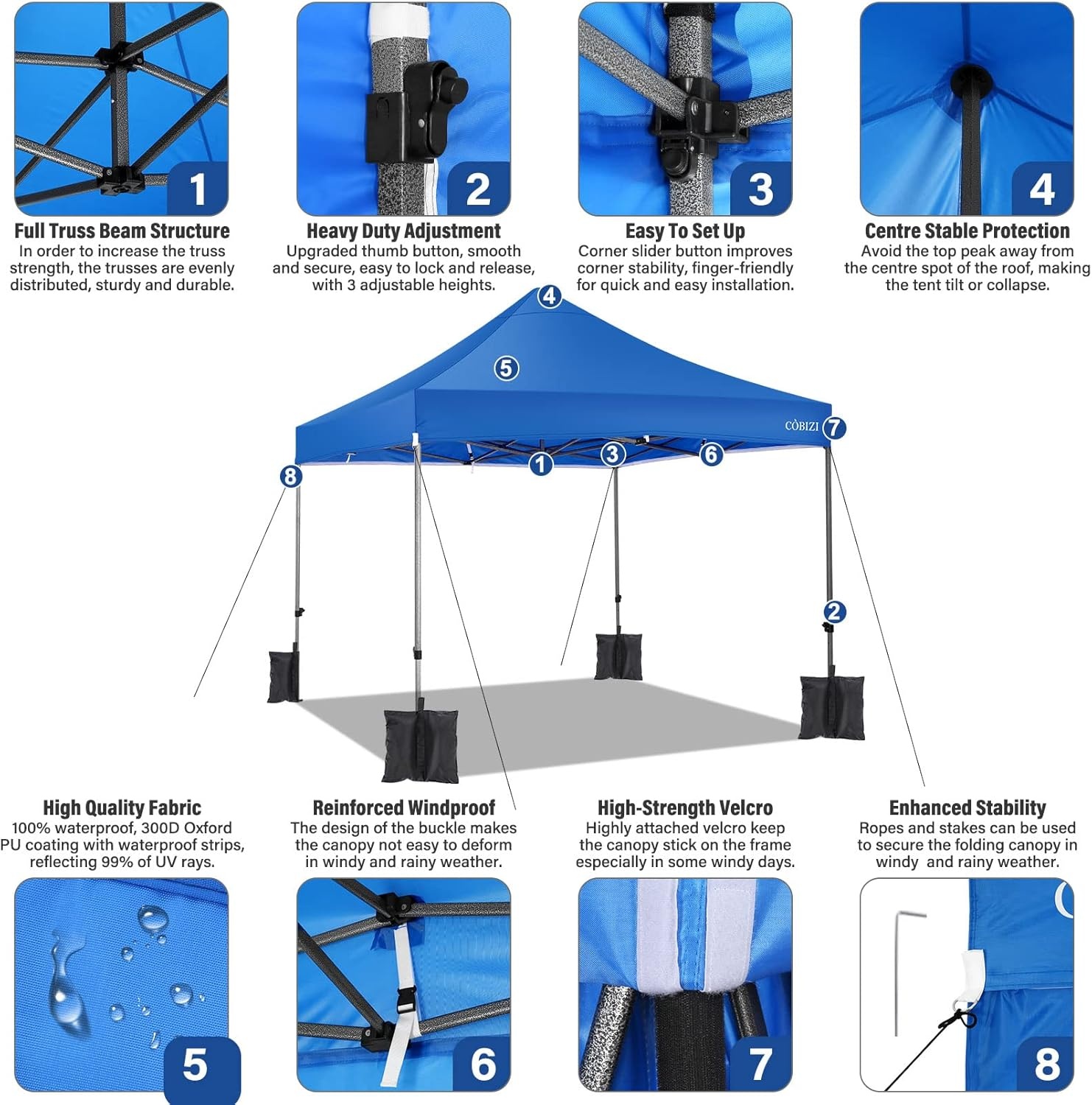 image:imageCOBIZI 66x66ft Pop Up Canopy Tent Heavy Duty Canopy Easy Set up Waterproof Outdoor Canopy Tent for Parties Beach Garden Camping with 1 Handbag 3 Adjustable Heights UPF50 Mist WhiteBlue
