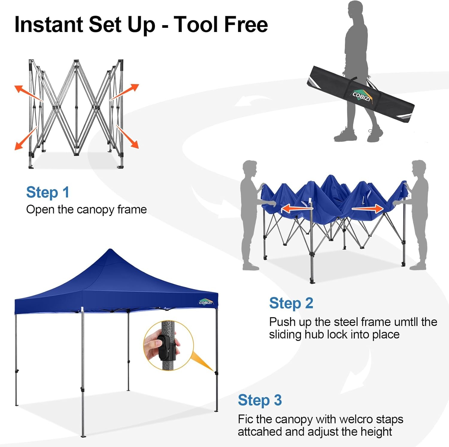image:imageCOBIZI 66x66ft Pop Up Canopy Tent Heavy Duty Canopy Easy Set up Waterproof Outdoor Canopy Tent for Parties Beach Garden Camping with 1 Handbag 3 Adjustable Heights UPF50 Mist WhiteDark Blue