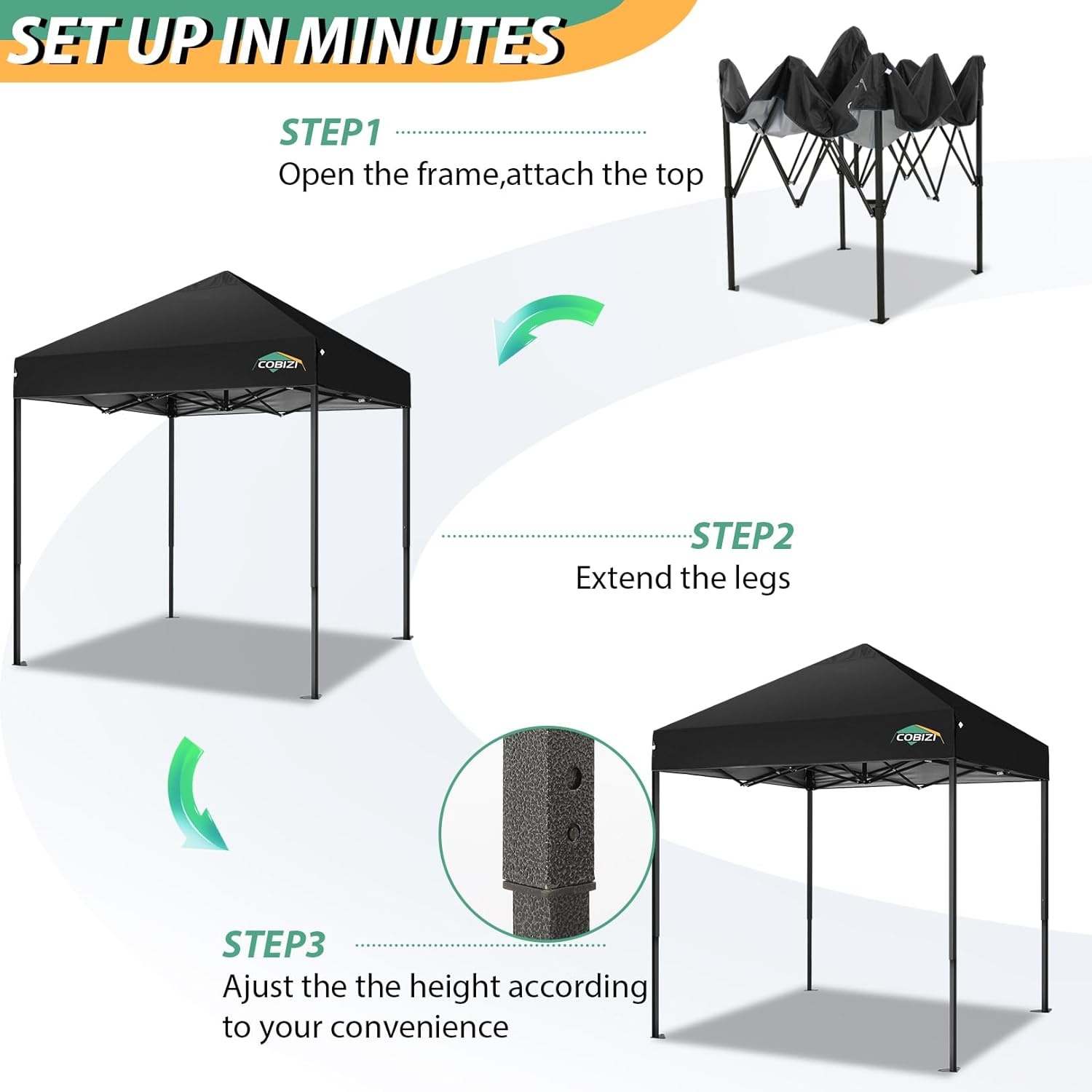 image:imageCOBIZI 66x66ft Pop Up Canopy Tent Heavy Duty Canopy Easy Set up Waterproof Outdoor Canopy Tent for Parties Beach Garden Camping with 1 Handbag 3 Adjustable Heights UPF50 Mist WhiteBlack