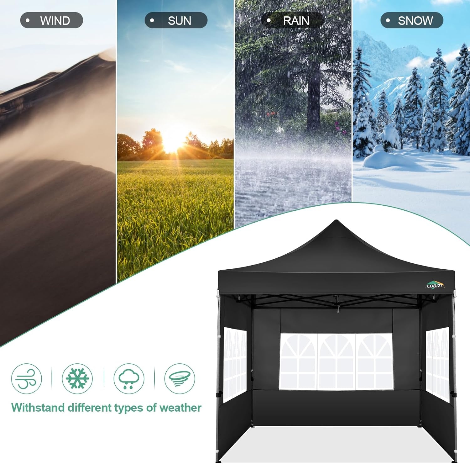 image:imageCOBIZI 66x66ft Pop Up Canopy Tent Heavy Duty Canopy Easy Set up Waterproof Outdoor Canopy Tent for Parties Beach Garden Camping with 1 Handbag 3 Adjustable Heights UPF50 Mist WhiteBlack