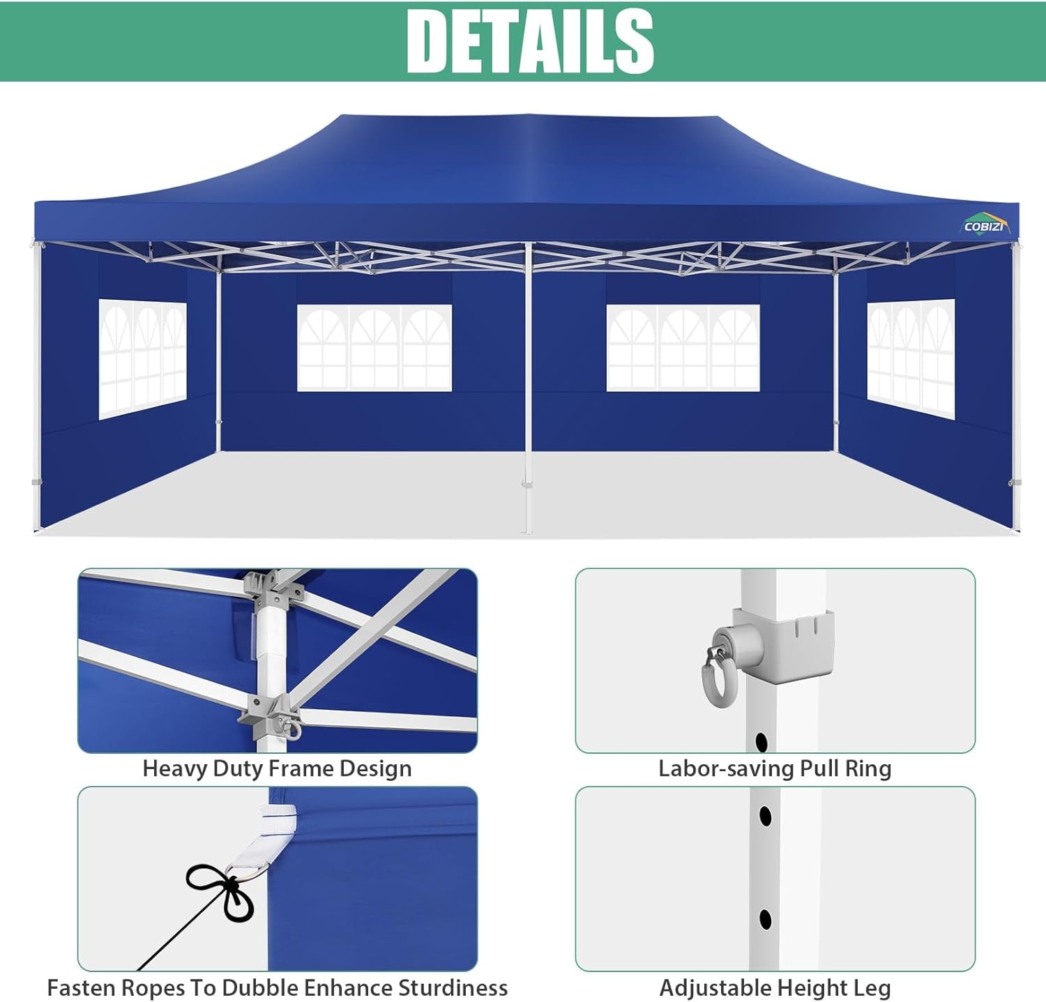 image:imageCOBIZI 66x66ft Pop Up Canopy Tent Heavy Duty Canopy Easy Set up Waterproof Outdoor Canopy Tent for Parties Beach Garden Camping with 1 Handbag 3 Adjustable Heights UPF50 Mist WhiteDark Blue