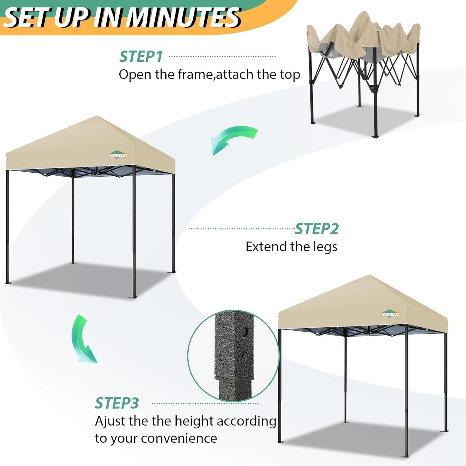 image:imageCOBIZI 66x66ft Pop Up Canopy Tent Heavy Duty Canopy Easy Set up Waterproof Outdoor Canopy Tent for Parties Beach Garden Camping with 1 Handbag 3 Adjustable Heights UPF50 Mist WhiteKhaki