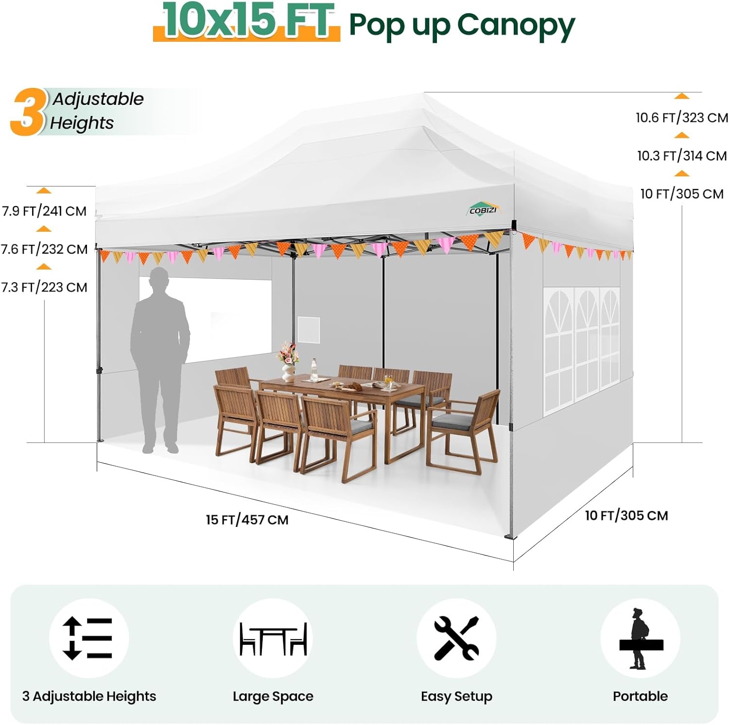 image:imageCOBIZI 66x66ft Pop Up Canopy Tent Heavy Duty Canopy Easy Set up Waterproof Outdoor Canopy Tent for Parties Beach Garden Camping with 1 Handbag 3 Adjustable Heights UPF50 Mist WhiteWhite