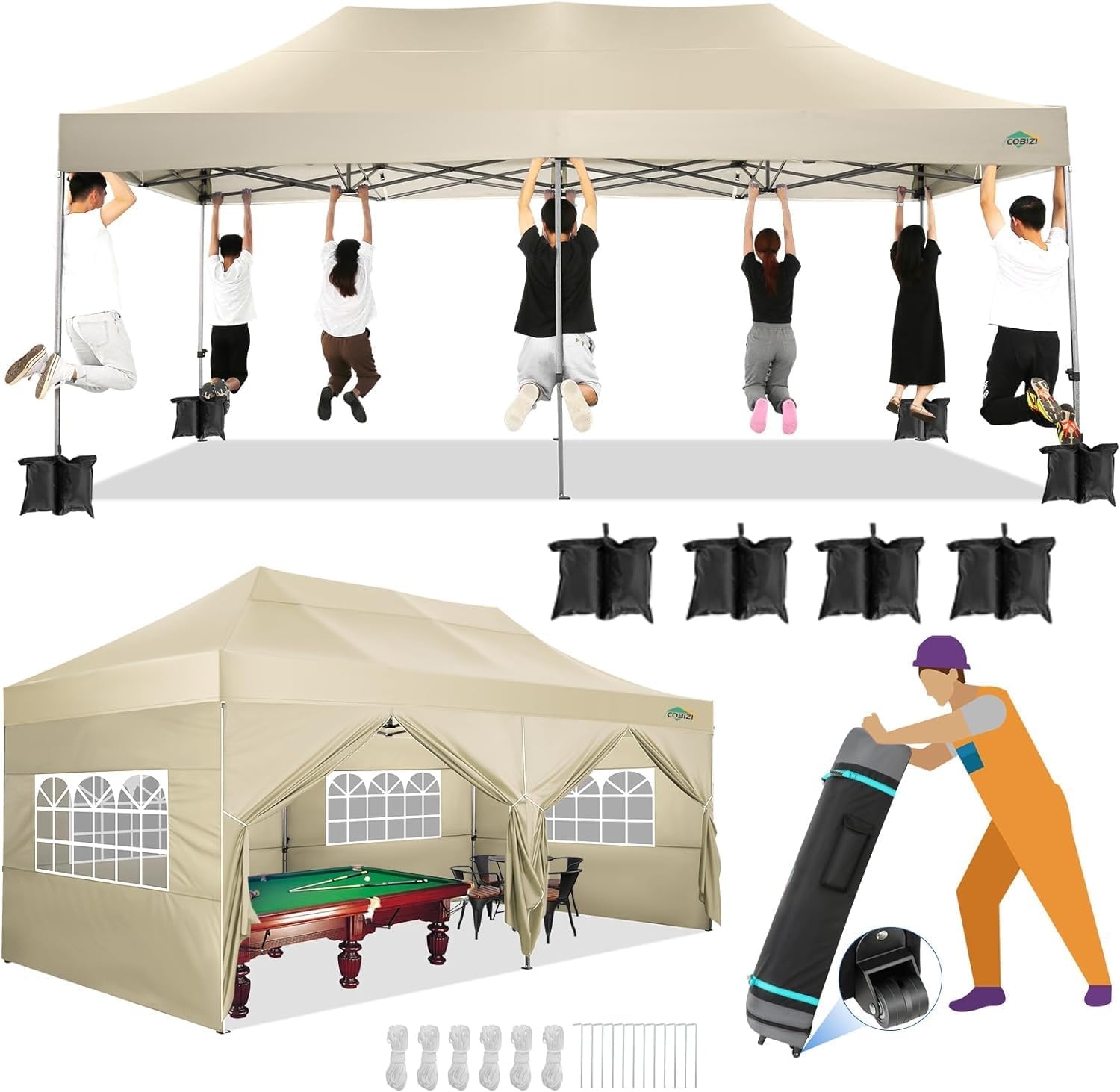 image:imageCOBIZI 66x66ft Pop Up Canopy Tent Heavy Duty Canopy Easy Set up Waterproof Outdoor Canopy Tent for Parties Beach Garden Camping with 1 Handbag 3 Adjustable Heights UPF50 Mist WhiteKhaki