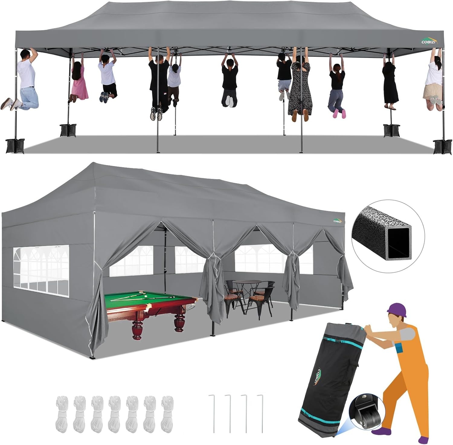 image:imageCOBIZI 66x66ft Pop Up Canopy Tent Heavy Duty Canopy Easy Set up Waterproof Outdoor Canopy Tent for Parties Beach Garden Camping with 1 Handbag 3 Adjustable Heights UPF50 Mist WhiteGray