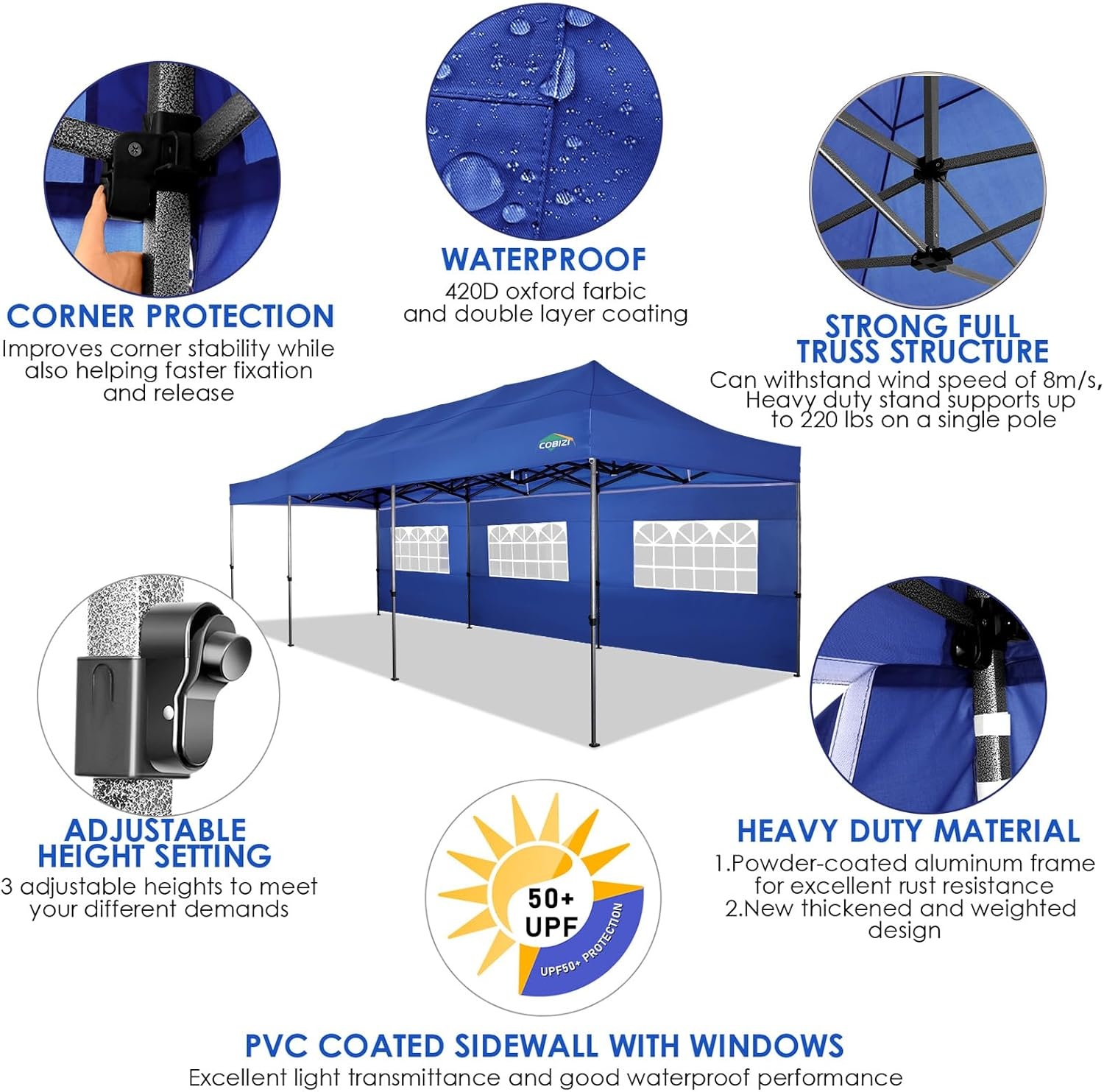 image:imageCOBIZI 66x66ft Pop Up Canopy Tent Heavy Duty Canopy Easy Set up Waterproof Outdoor Canopy Tent for Parties Beach Garden Camping with 1 Handbag 3 Adjustable Heights UPF50 Mist WhiteNavy Blue