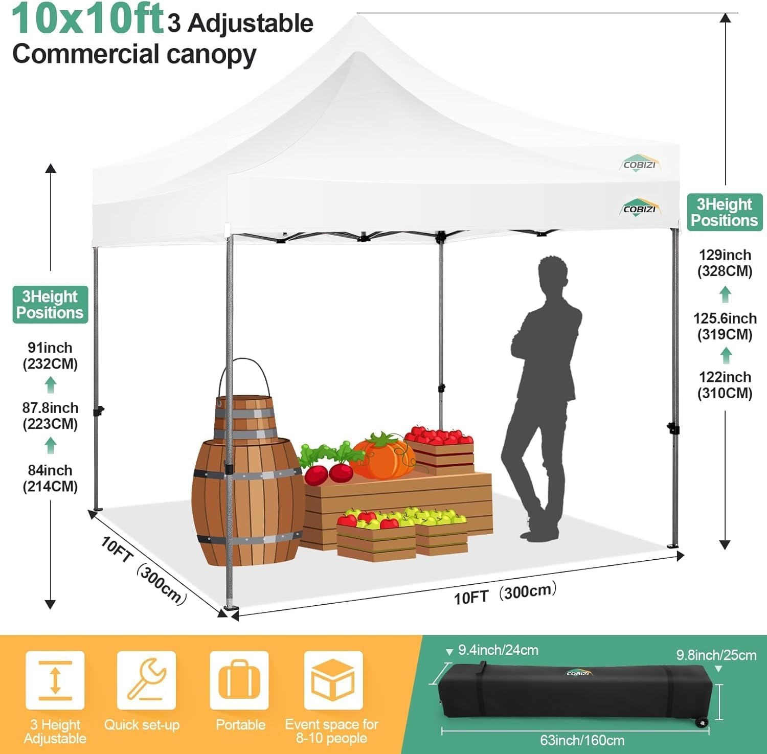 image:imageCOBIZI 66x66ft Pop Up Canopy Tent Heavy Duty Canopy Easy Set up Waterproof Outdoor Canopy Tent for Parties Beach Garden Camping with 1 Handbag 3 Adjustable Heights UPF50 Mist WhiteWhite