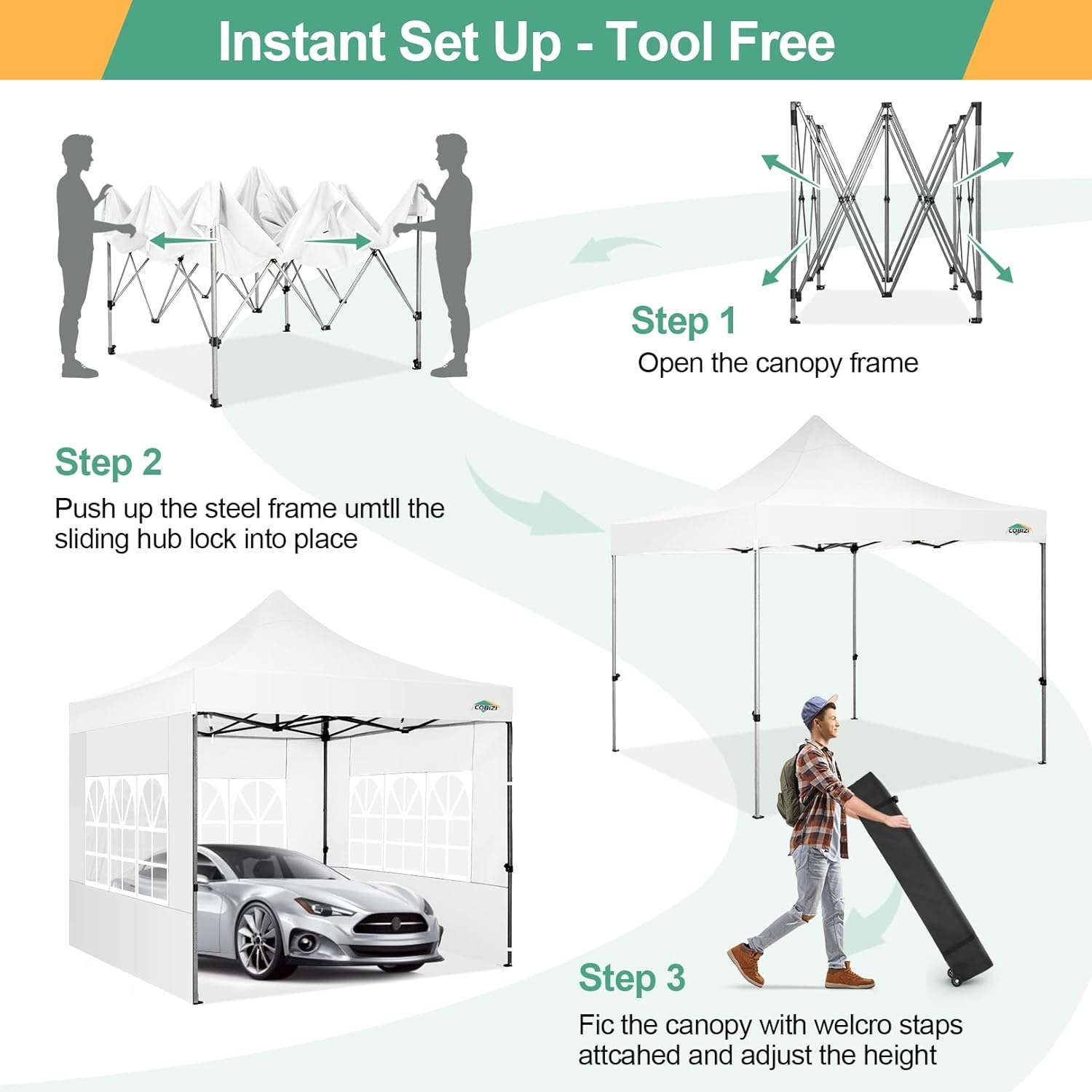 image:imageCOBIZI 66x66ft Pop Up Canopy Tent Heavy Duty Canopy Easy Set up Waterproof Outdoor Canopy Tent for Parties Beach Garden Camping with 1 Handbag 3 Adjustable Heights UPF50 Mist WhiteMist White