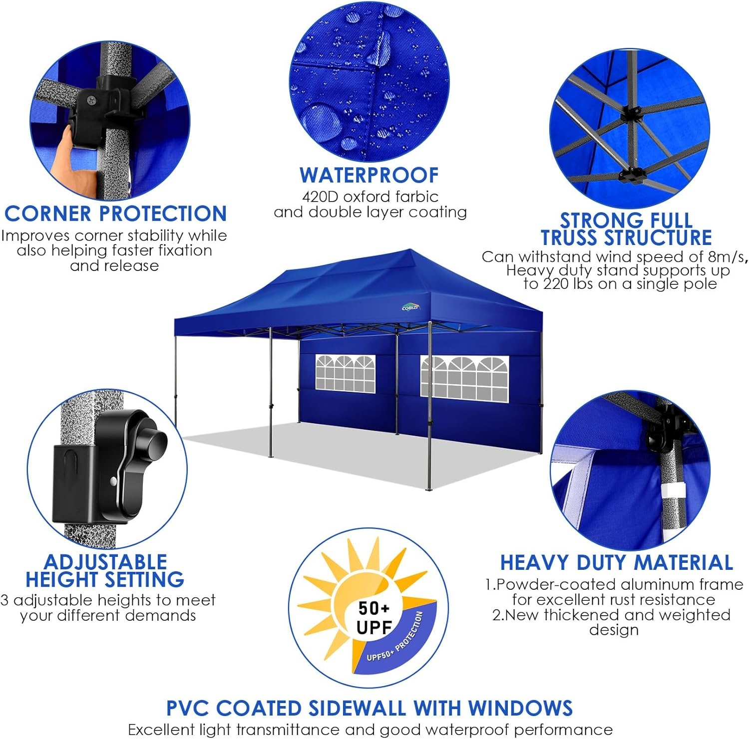 image:imageCOBIZI 66x66ft Pop Up Canopy Tent Heavy Duty Canopy Easy Set up Waterproof Outdoor Canopy Tent for Parties Beach Garden Camping with 1 Handbag 3 Adjustable Heights UPF50 Mist WhiteDark Blue