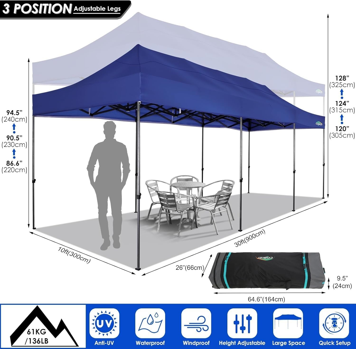 image:imageCOBIZI 66x66ft Pop Up Canopy Tent Heavy Duty Canopy Easy Set up Waterproof Outdoor Canopy Tent for Parties Beach Garden Camping with 1 Handbag 3 Adjustable Heights UPF50 Mist WhiteDark Blue
