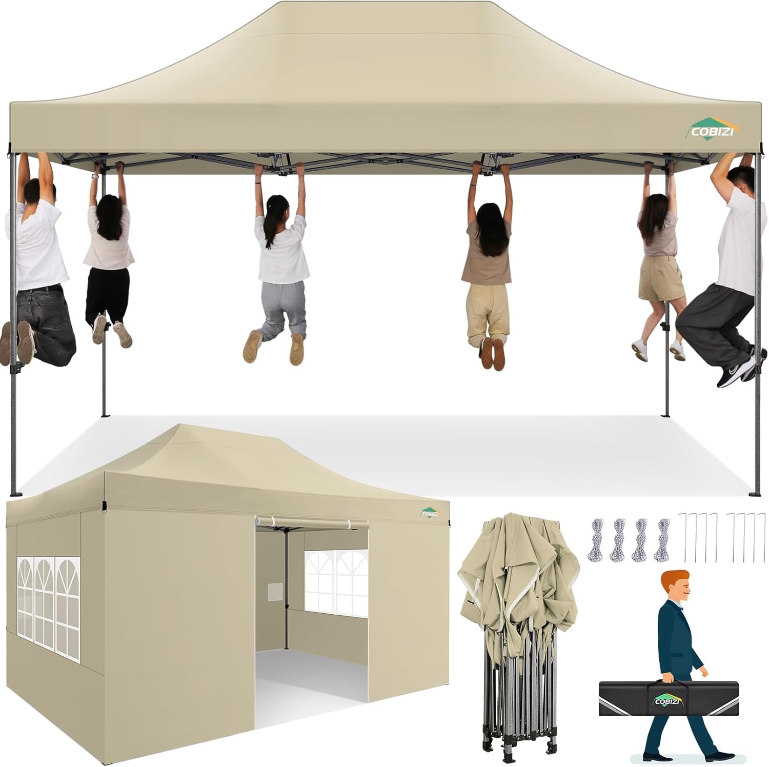 image:imageCOBIZI 66x66ft Pop Up Canopy Tent Heavy Duty Canopy Easy Set up Waterproof Outdoor Canopy Tent for Parties Beach Garden Camping with 1 Handbag 3 Adjustable Heights UPF50 Mist WhiteKhaki
