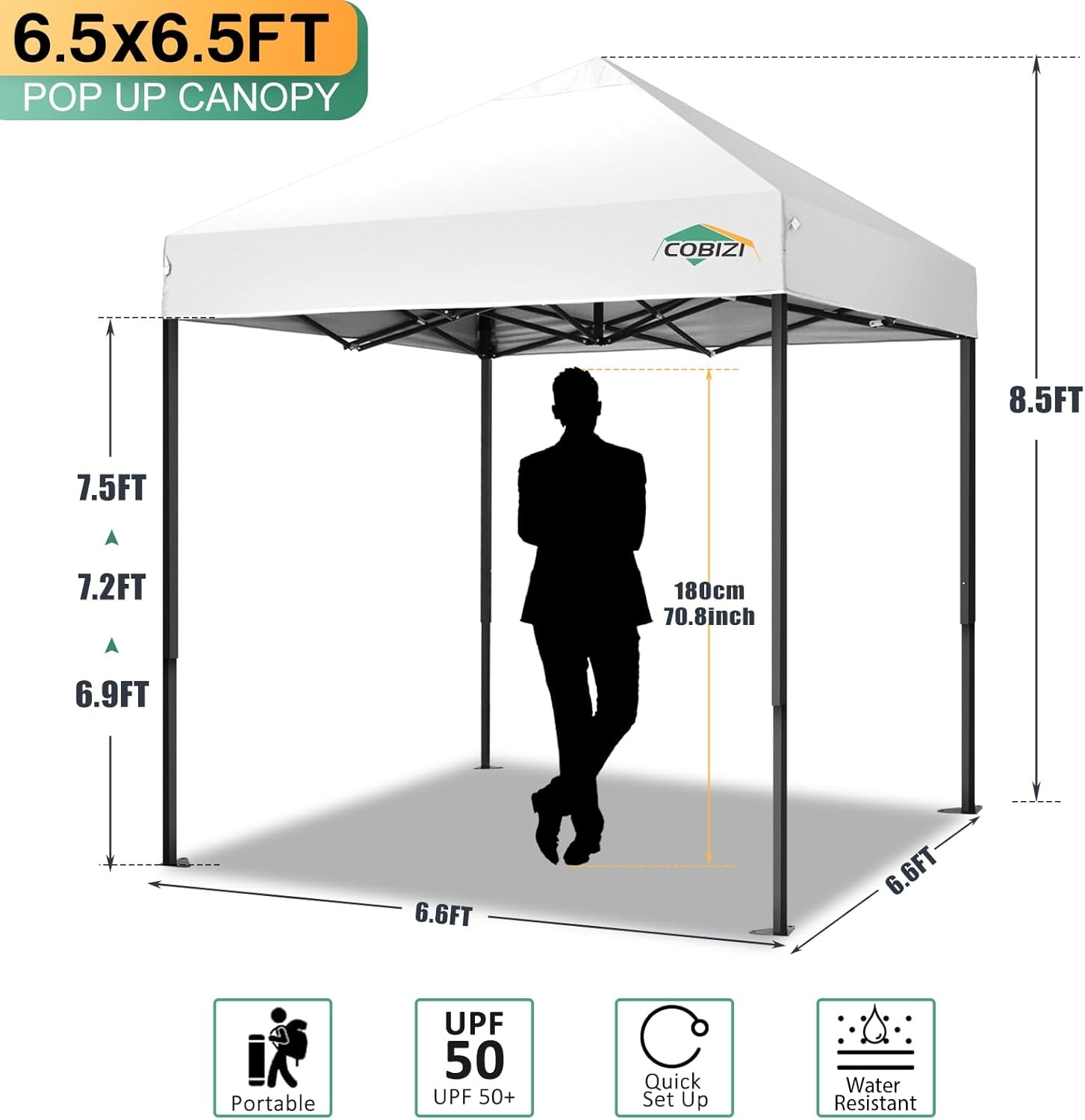 image:imageCOBIZI 66x66ft Pop Up Canopy Tent Heavy Duty Canopy Easy Set up Waterproof Outdoor Canopy Tent for Parties Beach Garden Camping with 1 Handbag 3 Adjustable Heights UPF50 Mist WhiteMist White