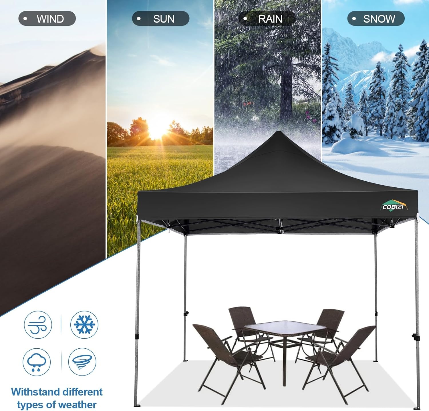 image:imageCOBIZI 66x66ft Pop Up Canopy Tent Heavy Duty Canopy Easy Set up Waterproof Outdoor Canopy Tent for Parties Beach Garden Camping with 1 Handbag 3 Adjustable Heights UPF50 Mist WhiteBlack