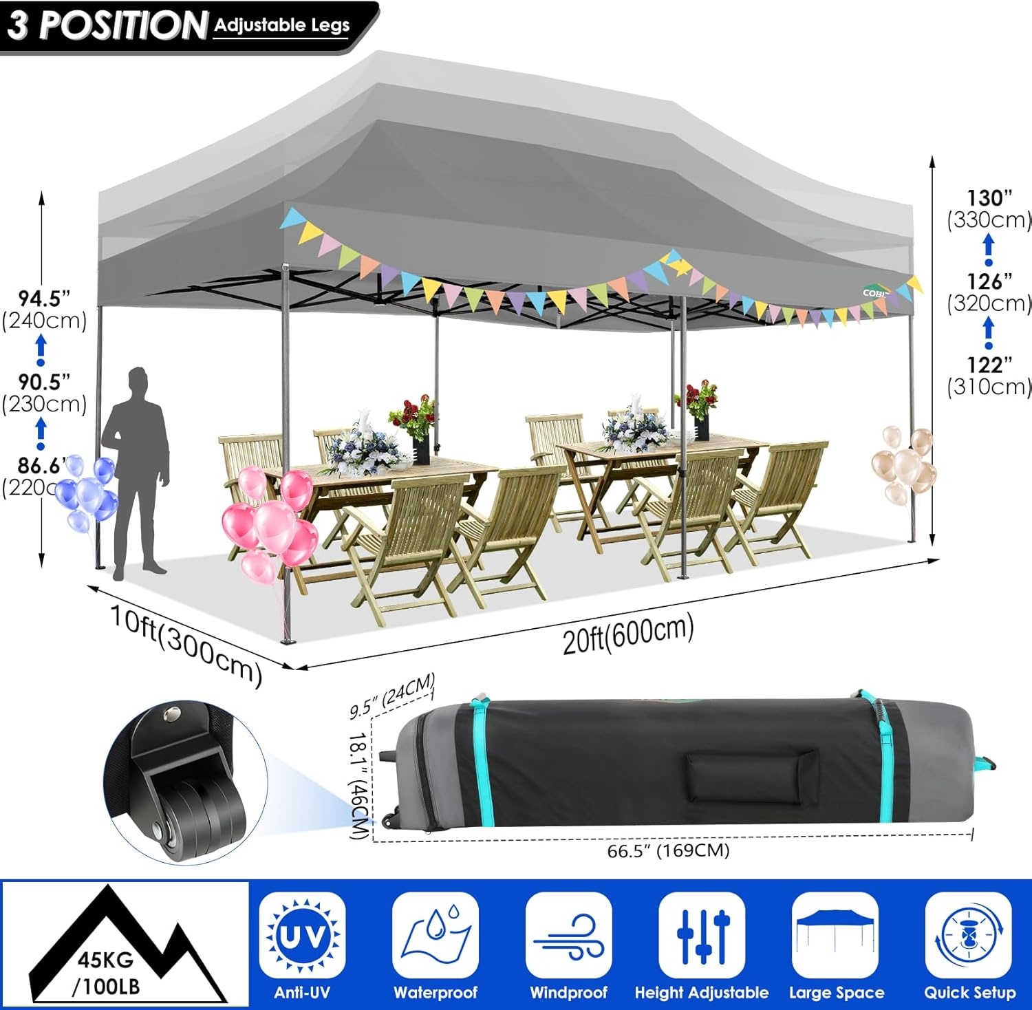 image:imageCOBIZI 66x66ft Pop Up Canopy Tent Heavy Duty Canopy Easy Set up Waterproof Outdoor Canopy Tent for Parties Beach Garden Camping with 1 Handbag 3 Adjustable Heights UPF50 Mist WhiteGray