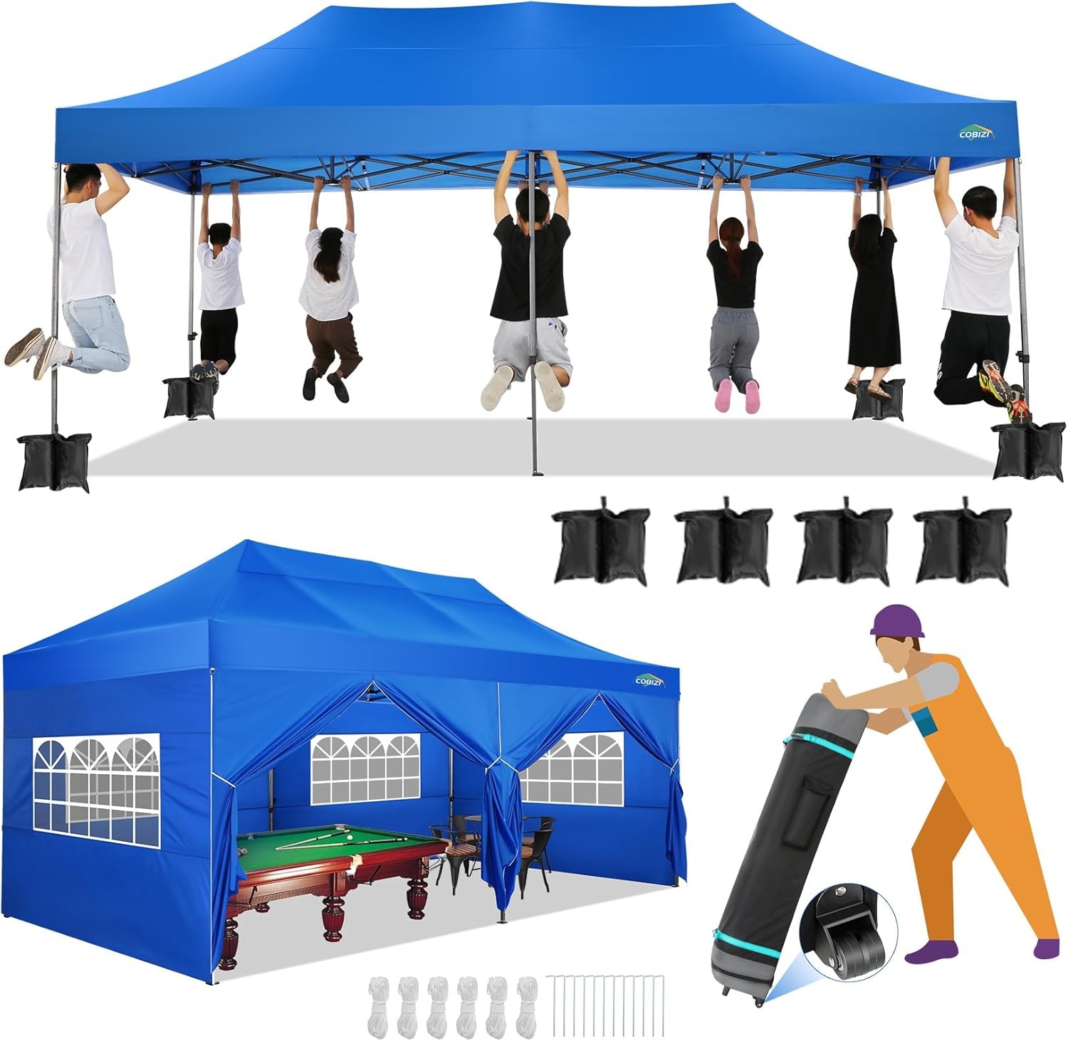 image:imageCOBIZI 66x66ft Pop Up Canopy Tent Heavy Duty Canopy Easy Set up Waterproof Outdoor Canopy Tent for Parties Beach Garden Camping with 1 Handbag 3 Adjustable Heights UPF50 Mist WhiteBlue