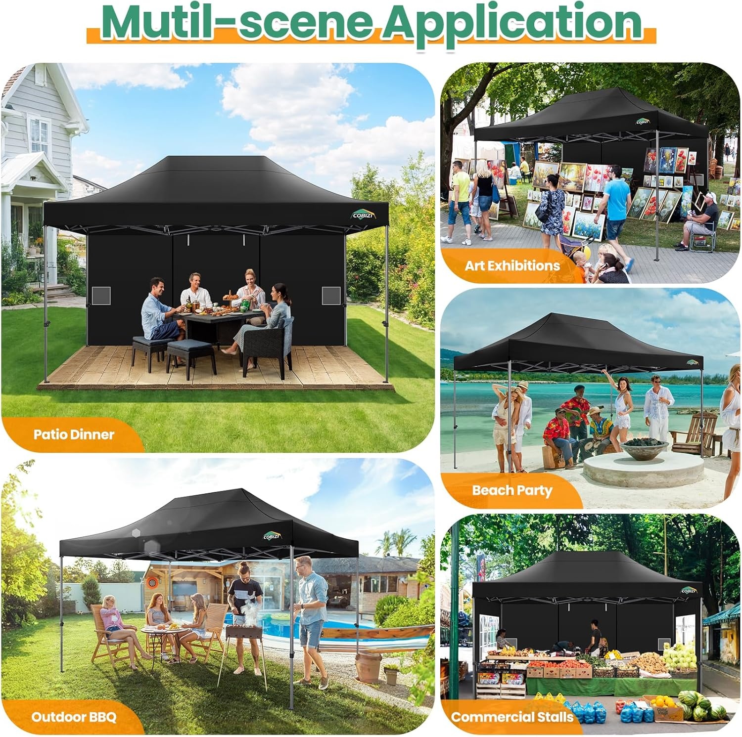 image:imageCOBIZI 66x66ft Pop Up Canopy Tent Heavy Duty Canopy Easy Set up Waterproof Outdoor Canopy Tent for Parties Beach Garden Camping with 1 Handbag 3 Adjustable Heights UPF50 Mist WhiteBlack