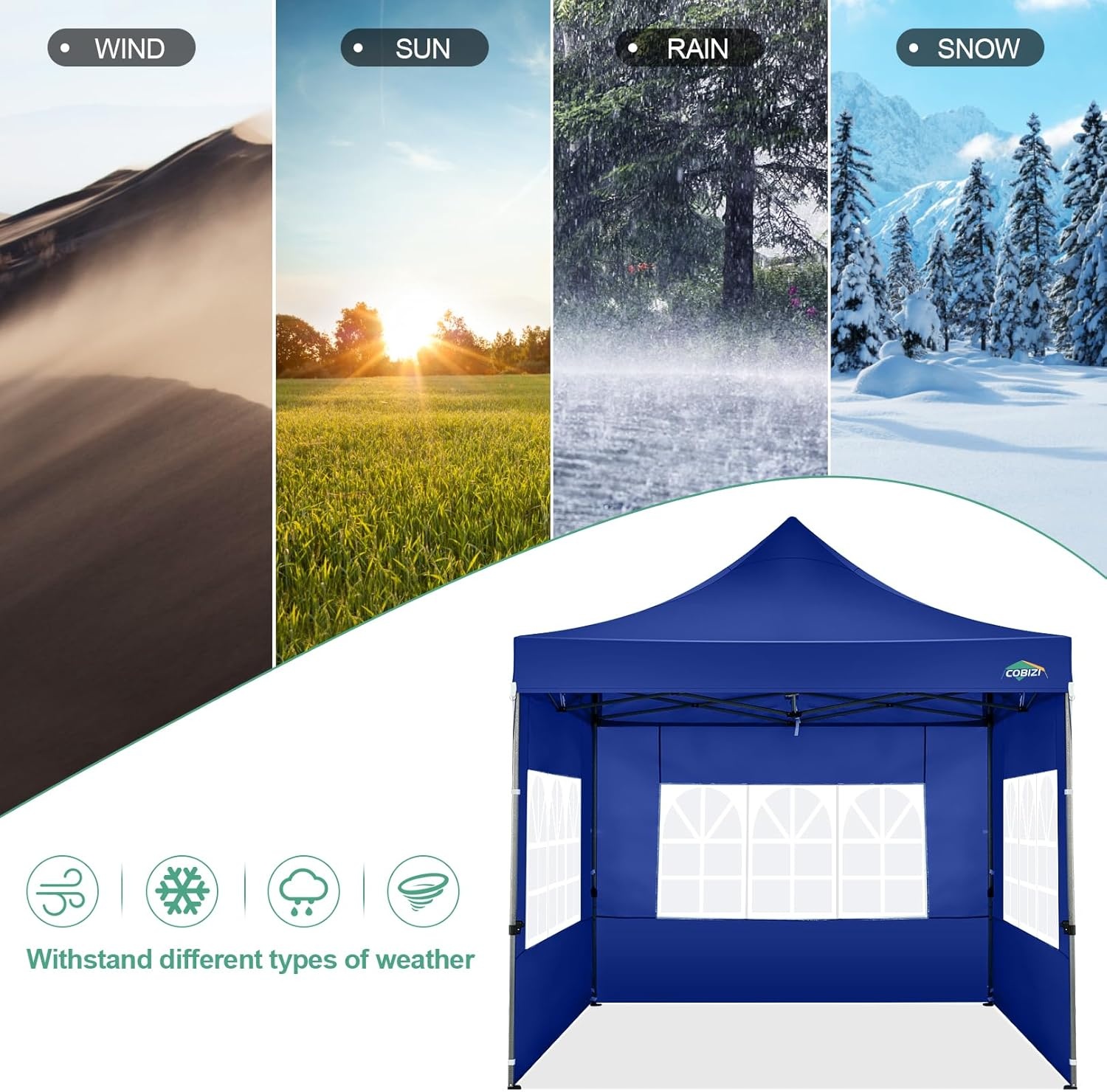 image:imageCOBIZI 66x66ft Pop Up Canopy Tent Heavy Duty Canopy Easy Set up Waterproof Outdoor Canopy Tent for Parties Beach Garden Camping with 1 Handbag 3 Adjustable Heights UPF50 Mist WhiteDark Blue