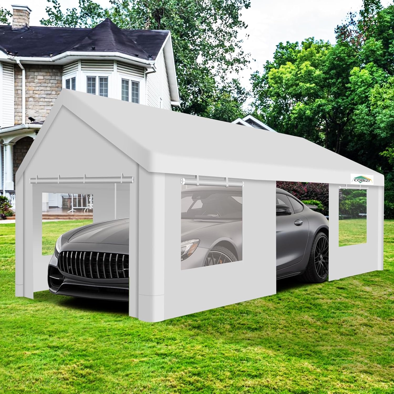 image:imageCOBIZI Car Ports 12x20 Heavy Duty Portable Garage Upgraded Car Canopy with Removable Sidewalls Ventilated Windows amp Builtin Sandbags Waterproof AllSeason Tarp Car Tent for Truck Boat White