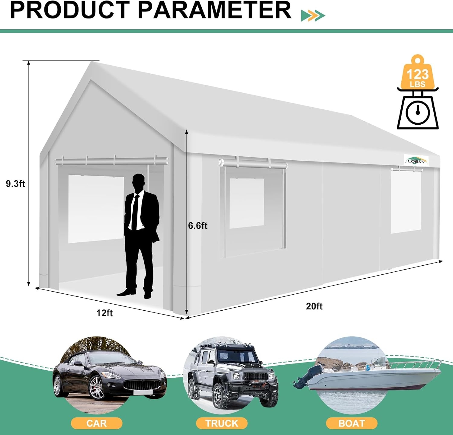 image:imageCOBIZI Car Ports 12x20 Heavy Duty Portable Garage Upgraded Car Canopy with Removable Sidewalls Ventilated Windows amp Builtin Sandbags Waterproof AllSeason Tarp Car Tent for Truck Boat White