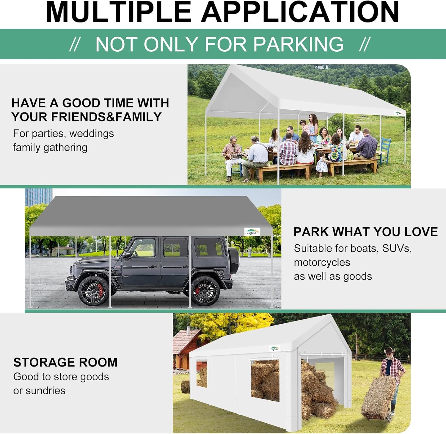 image:imageCOBIZI Car Ports 12x20 Heavy Duty Portable Garage Upgraded Car Canopy with Removable Sidewalls Ventilated Windows amp Builtin Sandbags Waterproof AllSeason Tarp Car Tent for Truck Boat White