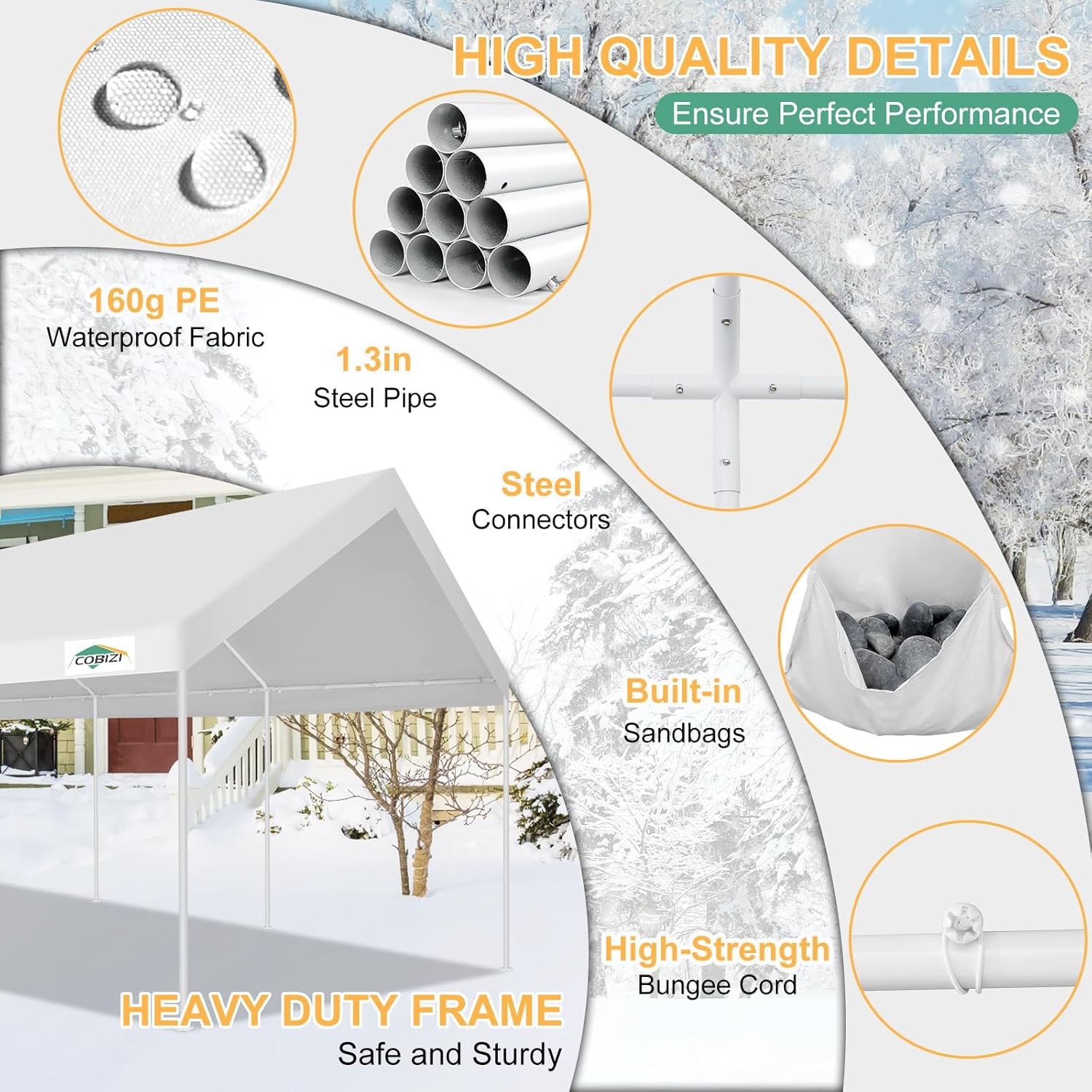 image:imageCOBIZI Car Ports 12x20 Heavy Duty Portable Garage Upgraded Car Canopy with Removable Sidewalls Ventilated Windows amp Builtin Sandbags Waterproof AllSeason Tarp Car Tent for Truck Boat White