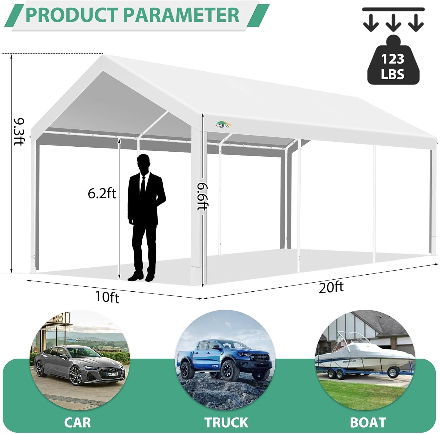 image:imageCOBIZI Carport 10x20 Heavy Duty Portable Garage Upgraded Car Canopy with Builtin Sandbags UV Resistant Waterproof AllSeason Tarp Car Tent for Truck Boat SUV WhiteWhite