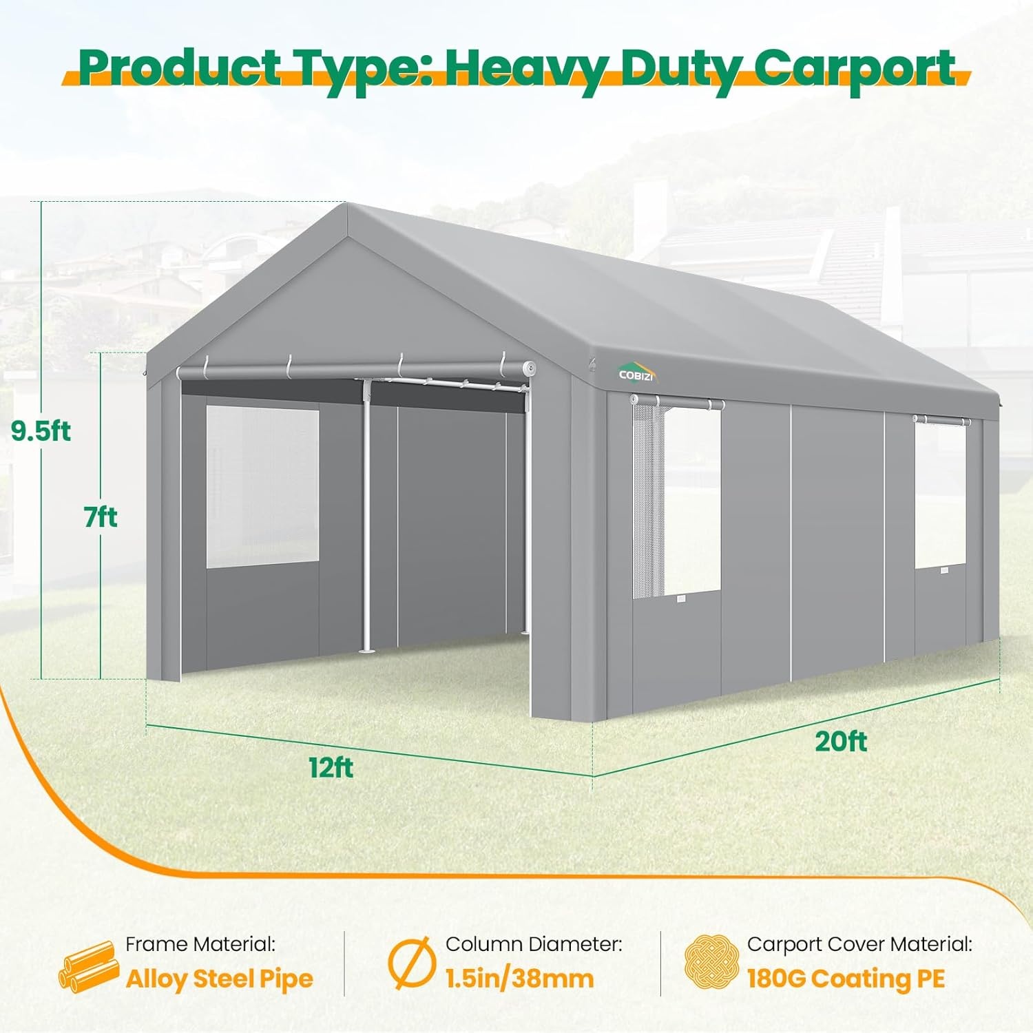 image:imageCOBIZI Carport Canopy 12x20 Heavy Duty Portable Garage with RollUp Ventilation Windows amp Doors Removable Sidewalls Car Canopy Car Tent Waterproof with Builtin Sandbags for Cars Boats Trucks Gray