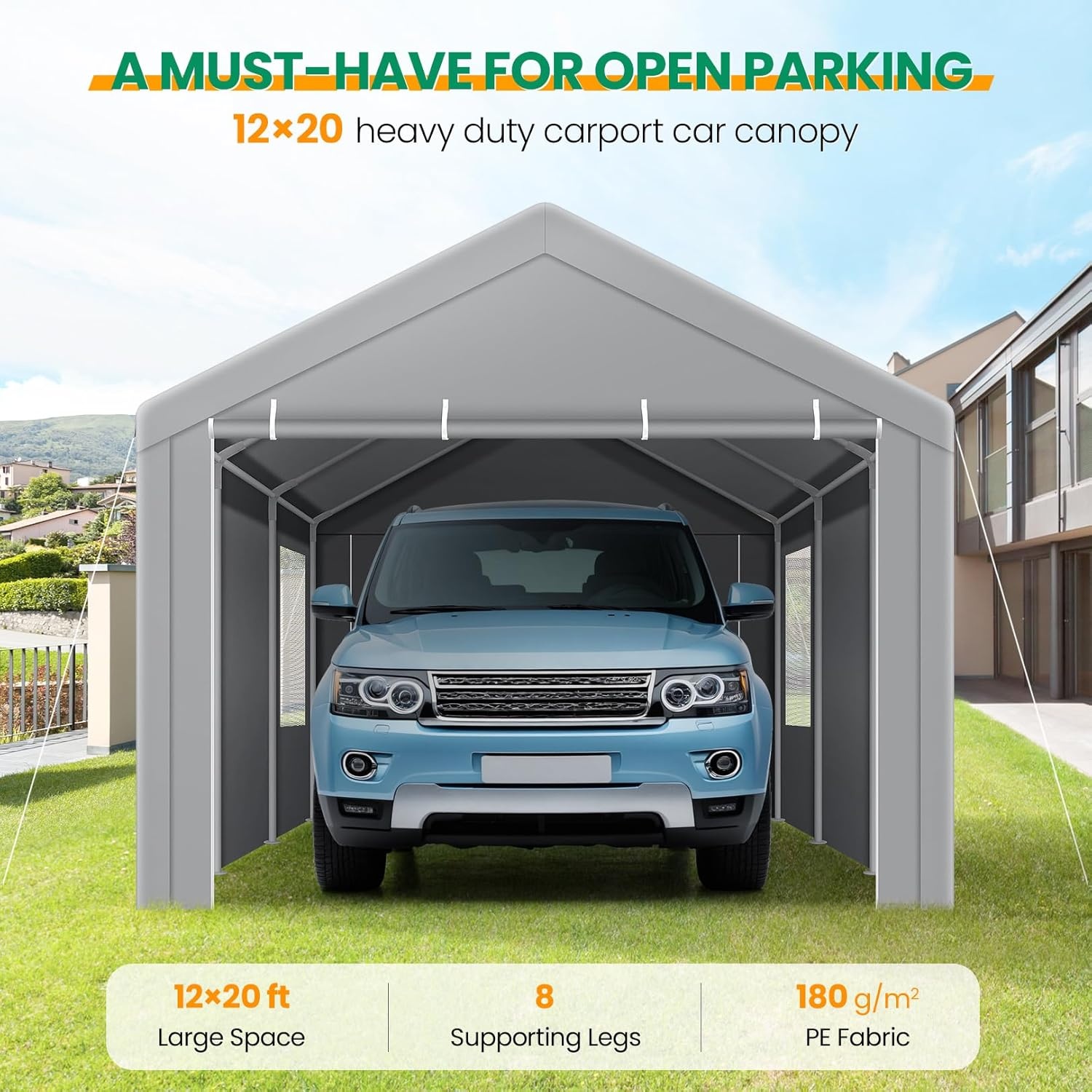 image:imageCOBIZI Carport Canopy 12x20 Heavy Duty Portable Garage with RollUp Ventilation Windows amp Doors Removable Sidewalls Car Canopy Car Tent Waterproof with Builtin Sandbags for Cars Boats Trucks Gray