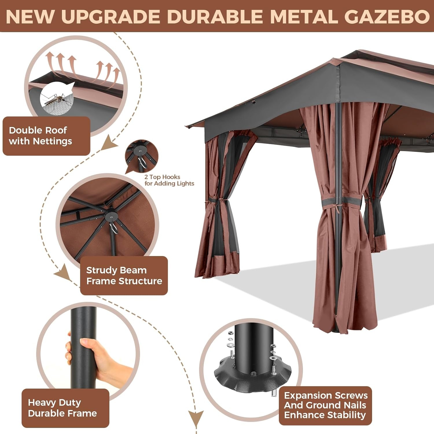 image:imageCOBIZI Gazebo 10x10 Heavy Duty Gazebos with Improved Nettings Outdoor Gazebo Double Roof Patio Gazebos with Metal Steel Frame Outdoor Canopy for Patio Deck Backyard GrayBrownUPF50
