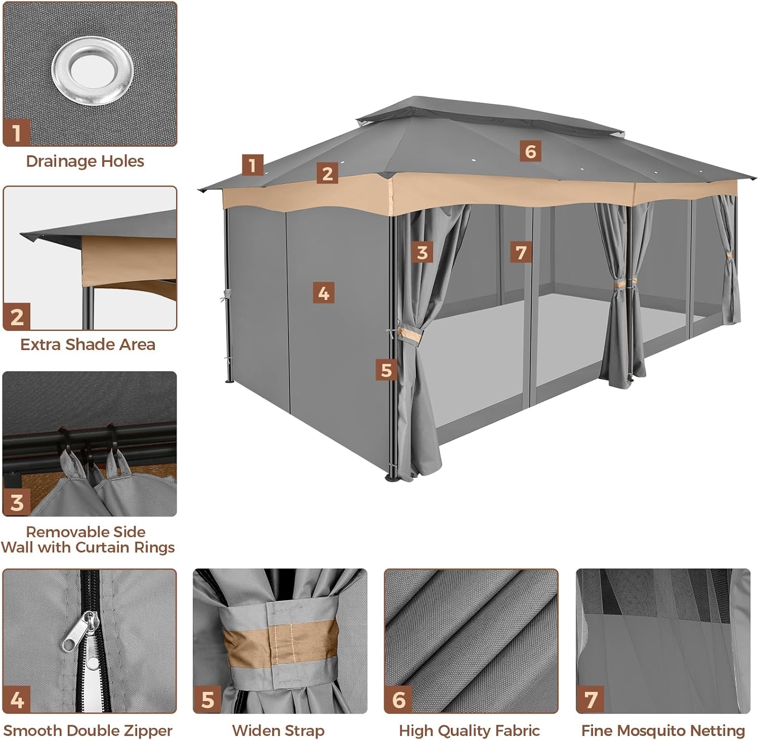image:imageCOBIZI Gazebo 10x10 Heavy Duty Gazebos with Improved Nettings Outdoor Gazebo Double Roof Patio Gazebos with Metal Steel Frame Outdoor Canopy for Patio Deck Backyard GrayGrayUPF50