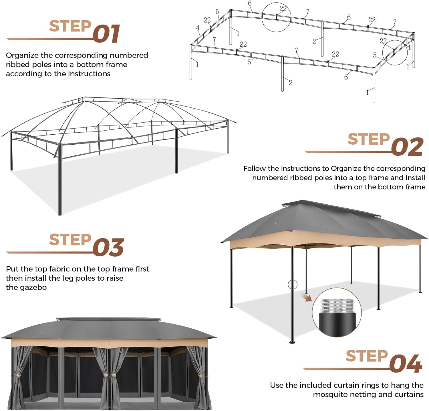 image:imageCOBIZI Gazebo 10x10 Heavy Duty Gazebos with Improved Nettings Outdoor Gazebo Double Roof Patio Gazebos with Metal Steel Frame Outdoor Canopy for Patio Deck Backyard GrayGreyUPF50