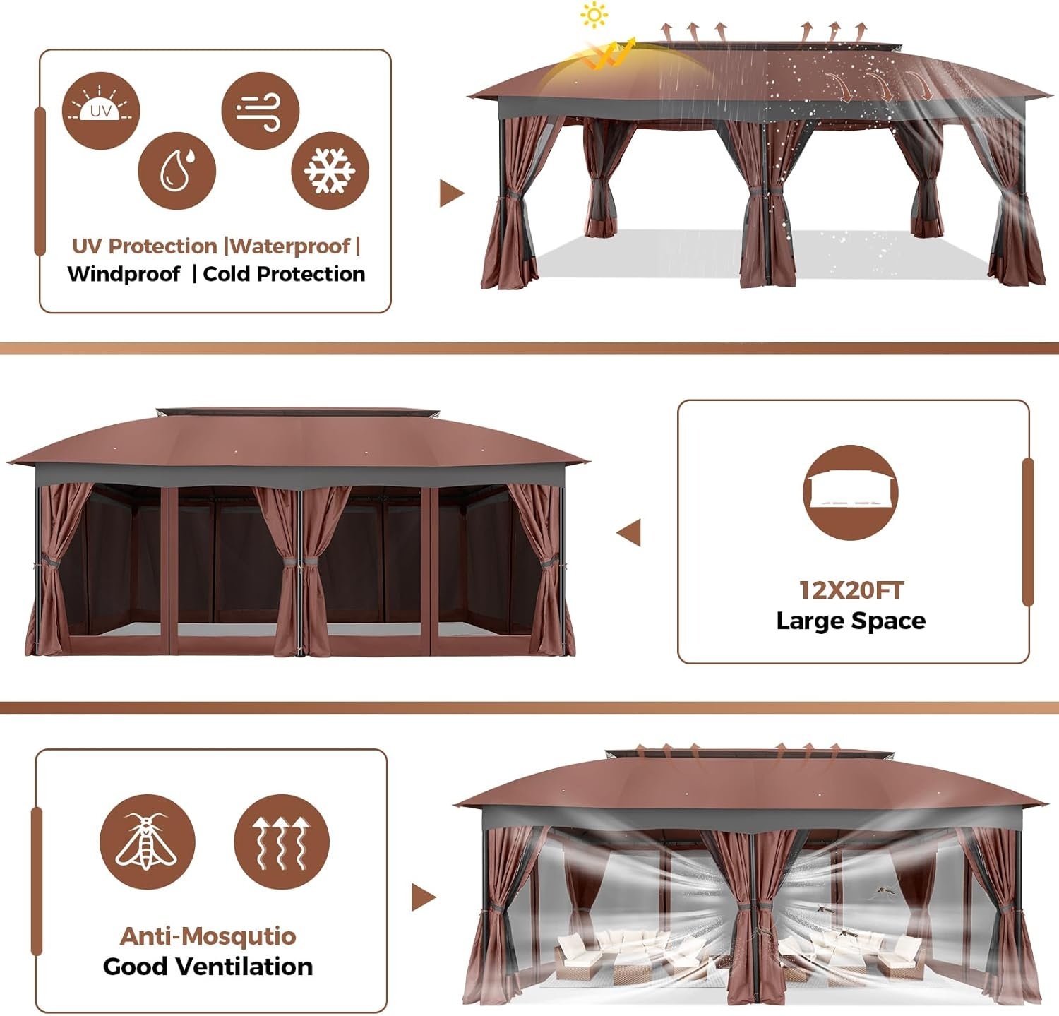 image:imageCOBIZI Gazebo 10x10 Heavy Duty Gazebos with Improved Nettings Outdoor Gazebo Double Roof Patio Gazebos with Metal Steel Frame Outdoor Canopy for Patio Deck Backyard GrayRed BrownUPF50