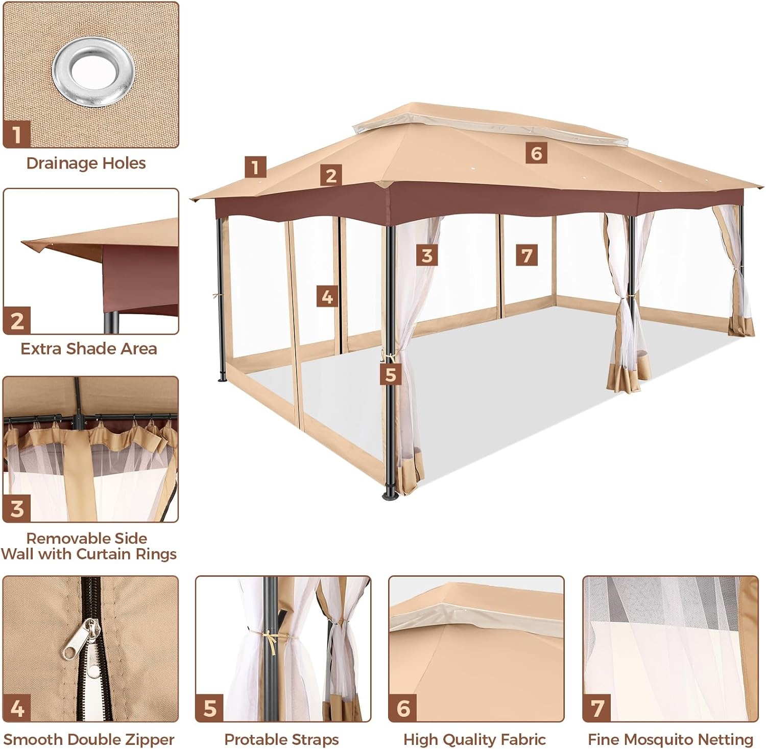 image:imageCOBIZI Gazebo 10x10 Heavy Duty Gazebos with Improved Nettings Outdoor Gazebo Double Roof Patio Gazebos with Metal Steel Frame Outdoor Canopy for Patio Deck Backyard GrayKhakiUPF50