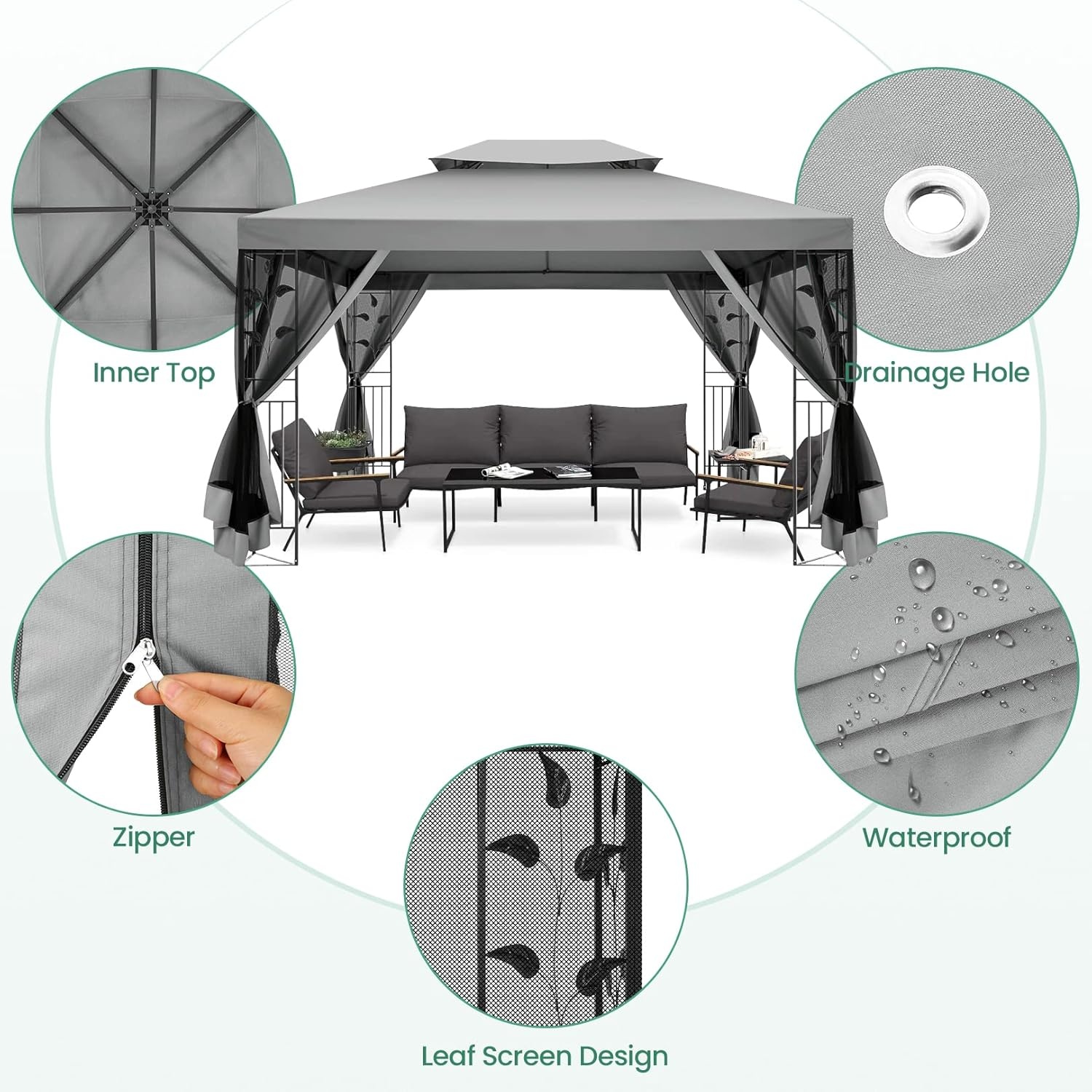 image:imageCOBIZI Gazebo 10x10 Heavy Duty Gazebos with Improved Nettings Outdoor Gazebo Double Roof Patio Gazebos with Metal Steel Frame Outdoor Canopy for Patio Deck Backyard GrayGray