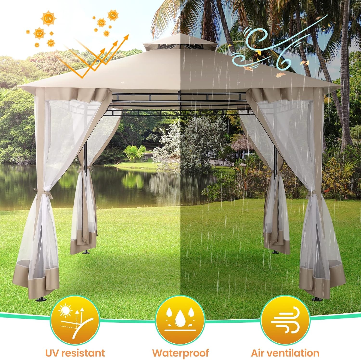 image:imageCOBIZI Gazebo 10x10 Heavy Duty Gazebos with Improved Nettings Outdoor Gazebo Double Roof Patio Gazebos with Metal Steel Frame Outdoor Canopy for Patio Deck Backyard GrayKhakiUPF50
