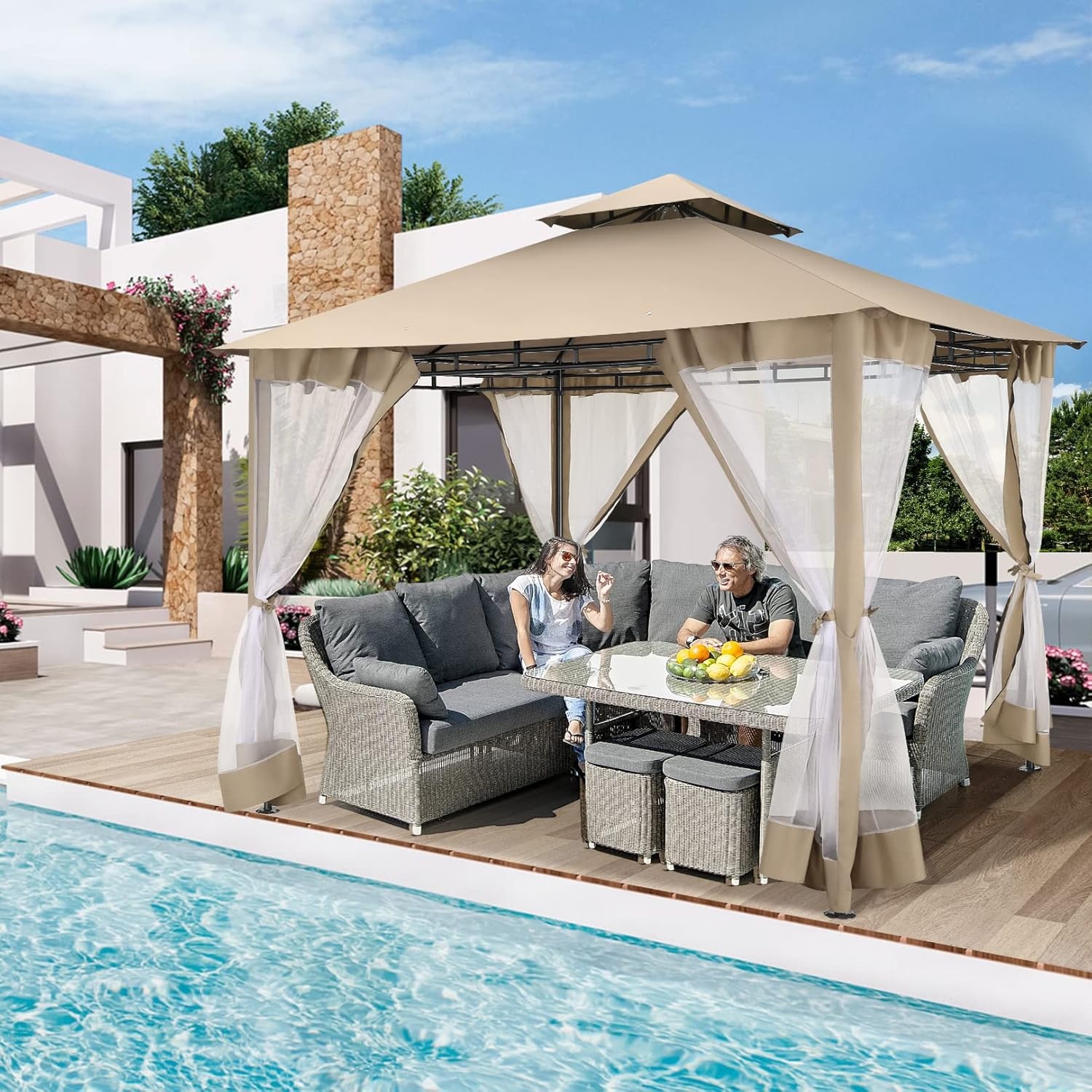 image:imageCOBIZI Gazebo 10x10 Heavy Duty Gazebos with Improved Nettings Outdoor Gazebo Double Roof Patio Gazebos with Metal Steel Frame Outdoor Canopy for Patio Deck Backyard GrayKhakiUPF50