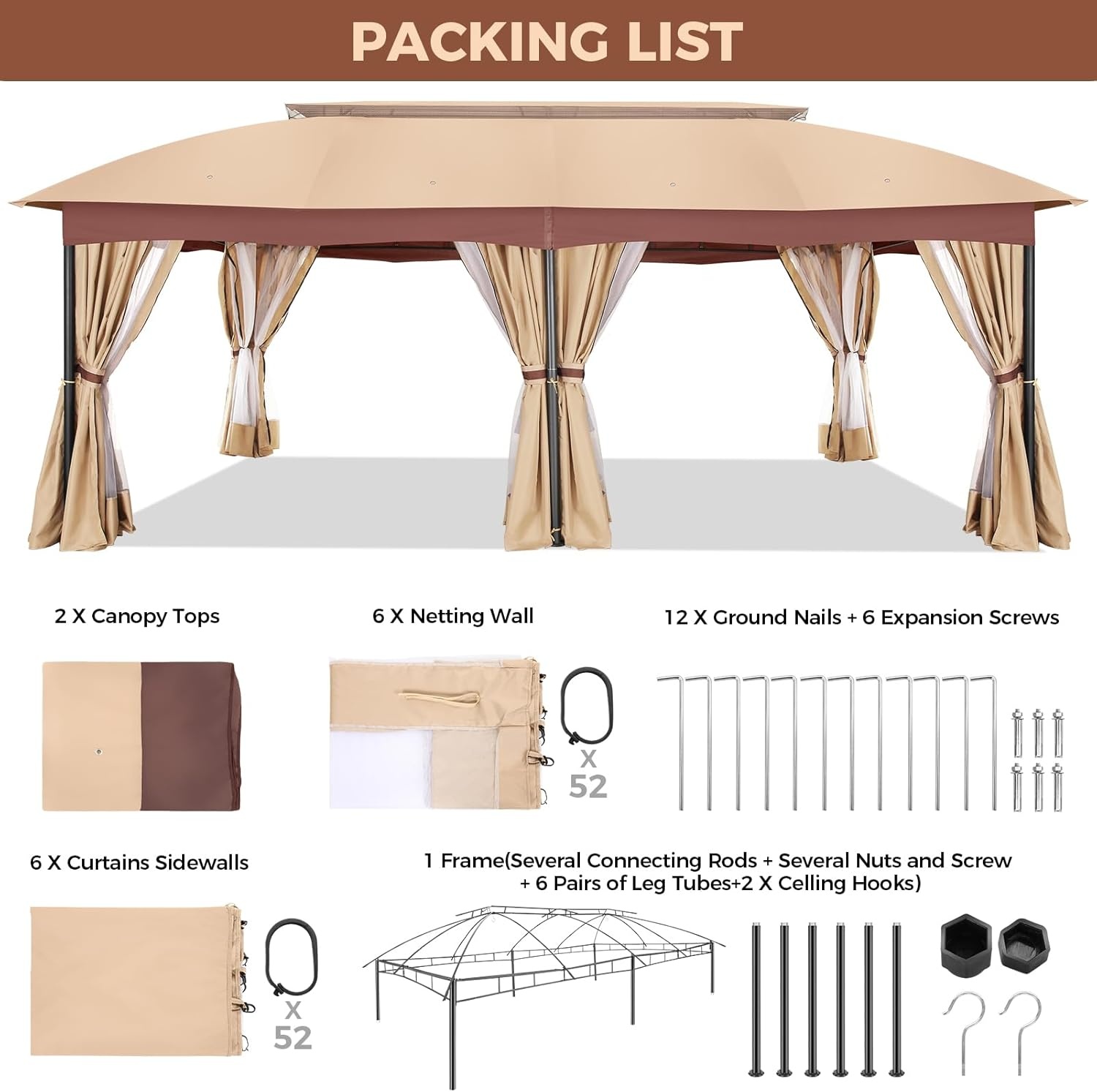 image:imageCOBIZI Gazebo 10x10 Heavy Duty Gazebos with Improved Nettings Outdoor Gazebo Double Roof Patio Gazebos with Metal Steel Frame Outdoor Canopy for Patio Deck Backyard GrayBeigeUPF50