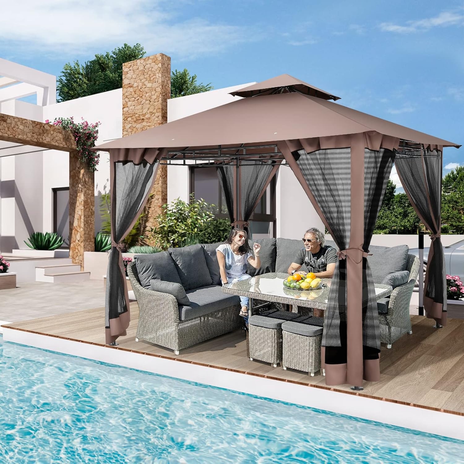 image:imageCOBIZI Gazebo 10x10 Heavy Duty Gazebos with Improved Nettings Outdoor Gazebo Double Roof Patio Gazebos with Metal Steel Frame Outdoor Canopy for Patio Deck Backyard GrayBrownUPF50