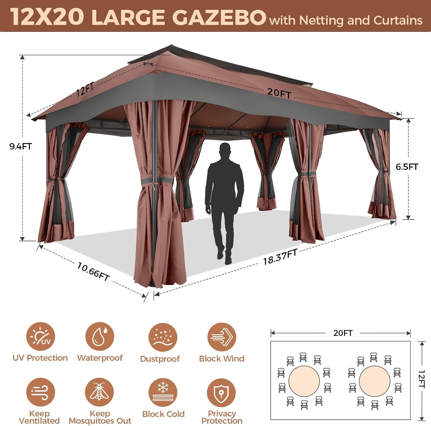 image:imageCOBIZI Gazebo 10x10 Heavy Duty Gazebos with Improved Nettings Outdoor Gazebo Double Roof Patio Gazebos with Metal Steel Frame Outdoor Canopy for Patio Deck Backyard GrayRed BrownUPF50