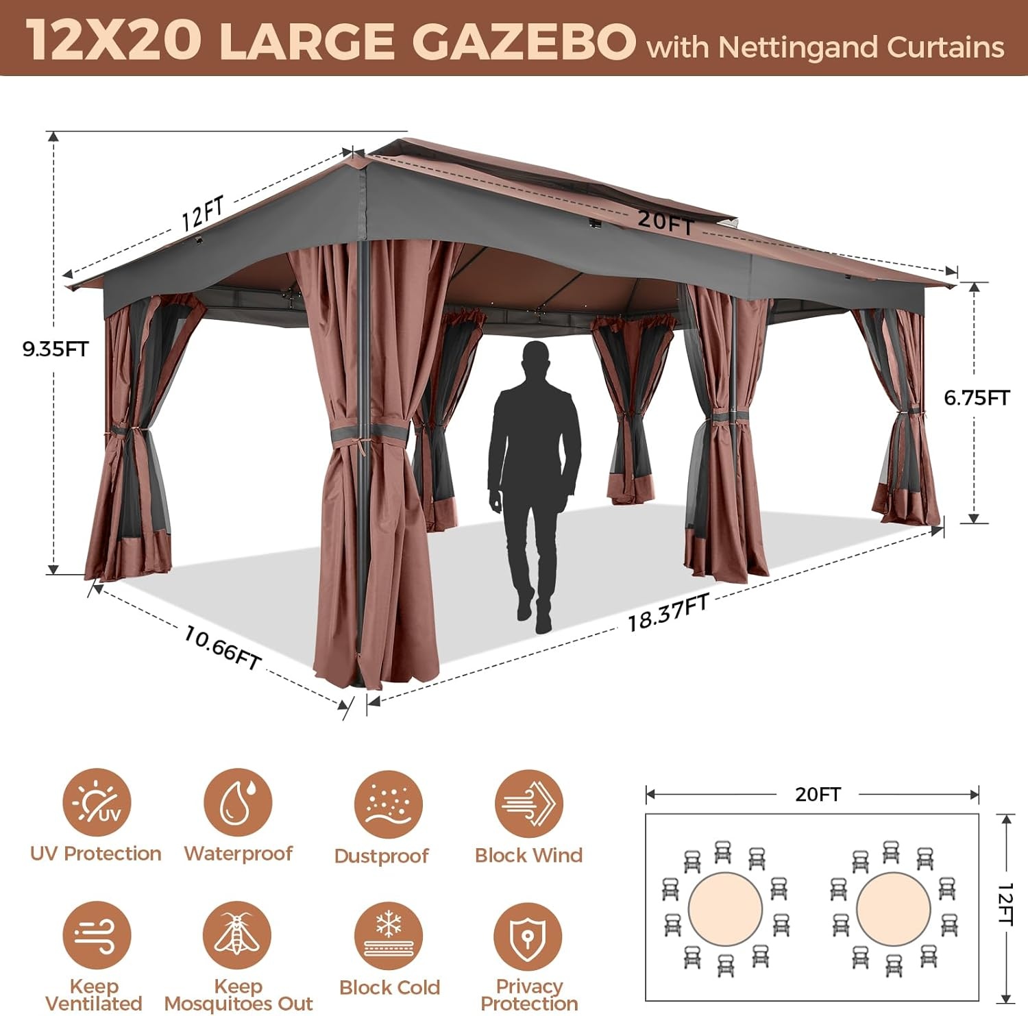 image:imageCOBIZI Gazebo 10x10 Heavy Duty Gazebos with Improved Nettings Outdoor Gazebo Double Roof Patio Gazebos with Metal Steel Frame Outdoor Canopy for Patio Deck Backyard GrayBrownUPF50