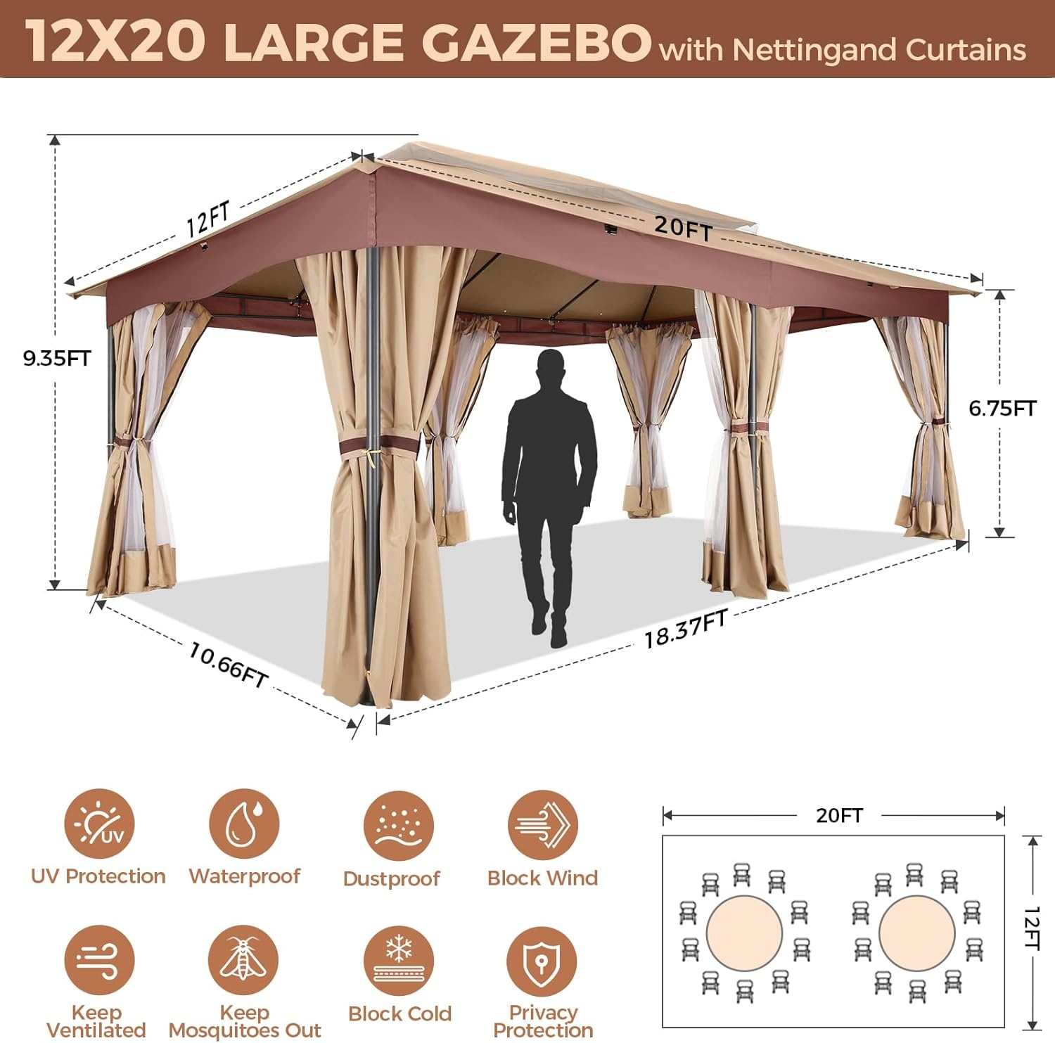 image:imageCOBIZI Gazebo 10x10 Heavy Duty Gazebos with Improved Nettings Outdoor Gazebo Double Roof Patio Gazebos with Metal Steel Frame Outdoor Canopy for Patio Deck Backyard GrayKhakiUPF50