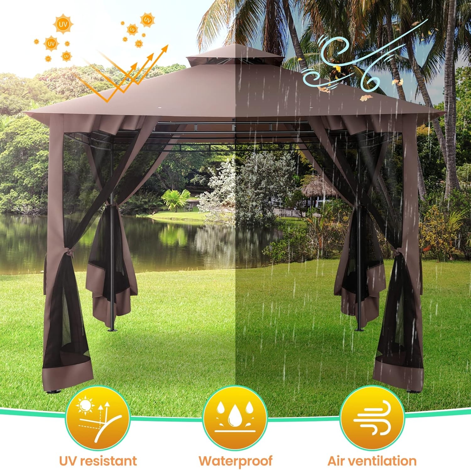image:imageCOBIZI Gazebo 10x10 Heavy Duty Gazebos with Improved Nettings Outdoor Gazebo Double Roof Patio Gazebos with Metal Steel Frame Outdoor Canopy for Patio Deck Backyard GrayBrownUPF50