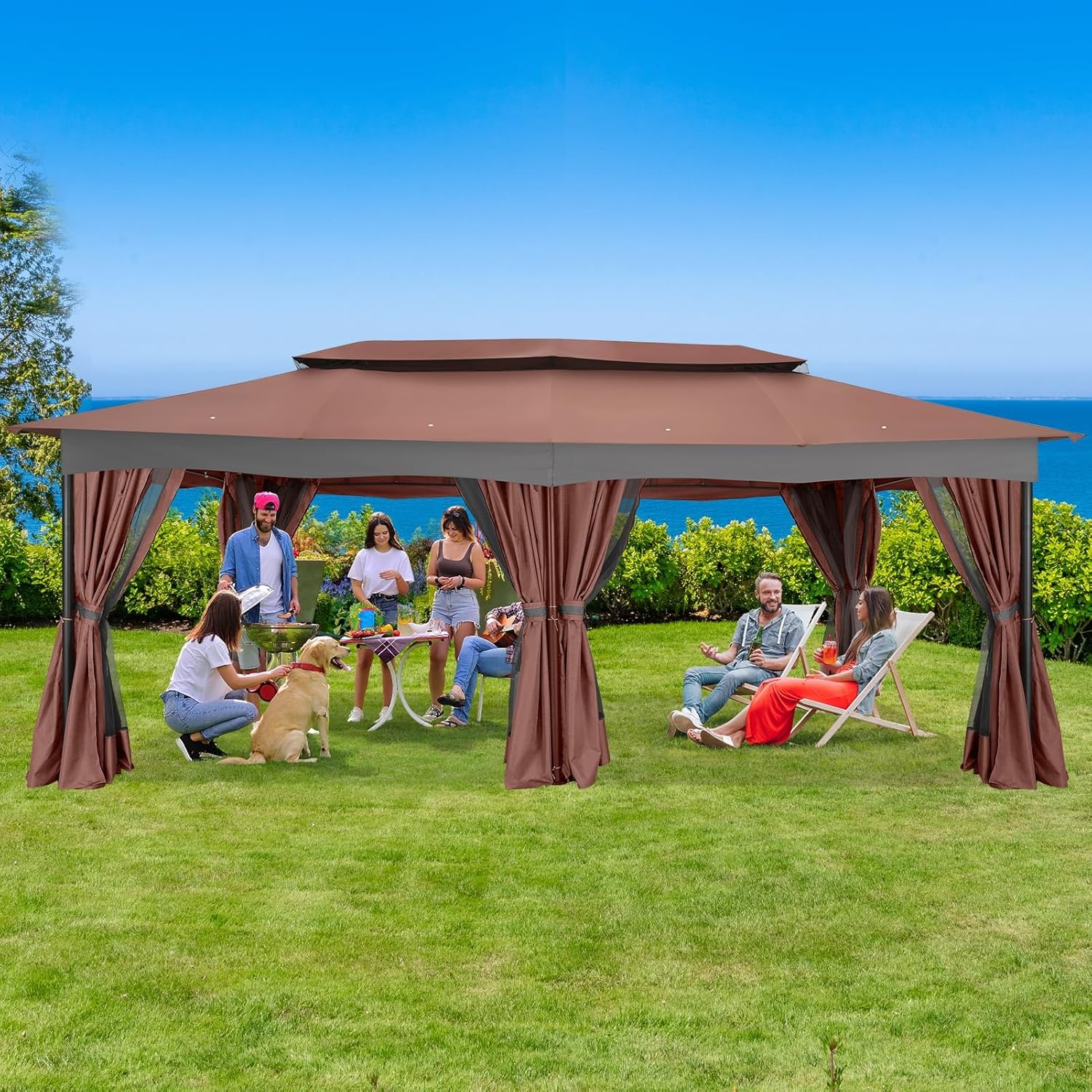 image:imageCOBIZI Gazebo 10x10 Heavy Duty Gazebos with Improved Nettings Outdoor Gazebo Double Roof Patio Gazebos with Metal Steel Frame Outdoor Canopy for Patio Deck Backyard GrayBrownUPF50