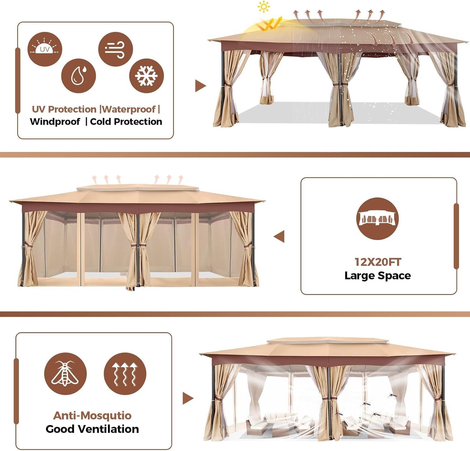 image:imageCOBIZI Gazebo 10x10 Heavy Duty Gazebos with Improved Nettings Outdoor Gazebo Double Roof Patio Gazebos with Metal Steel Frame Outdoor Canopy for Patio Deck Backyard GrayKhakiUPF50
