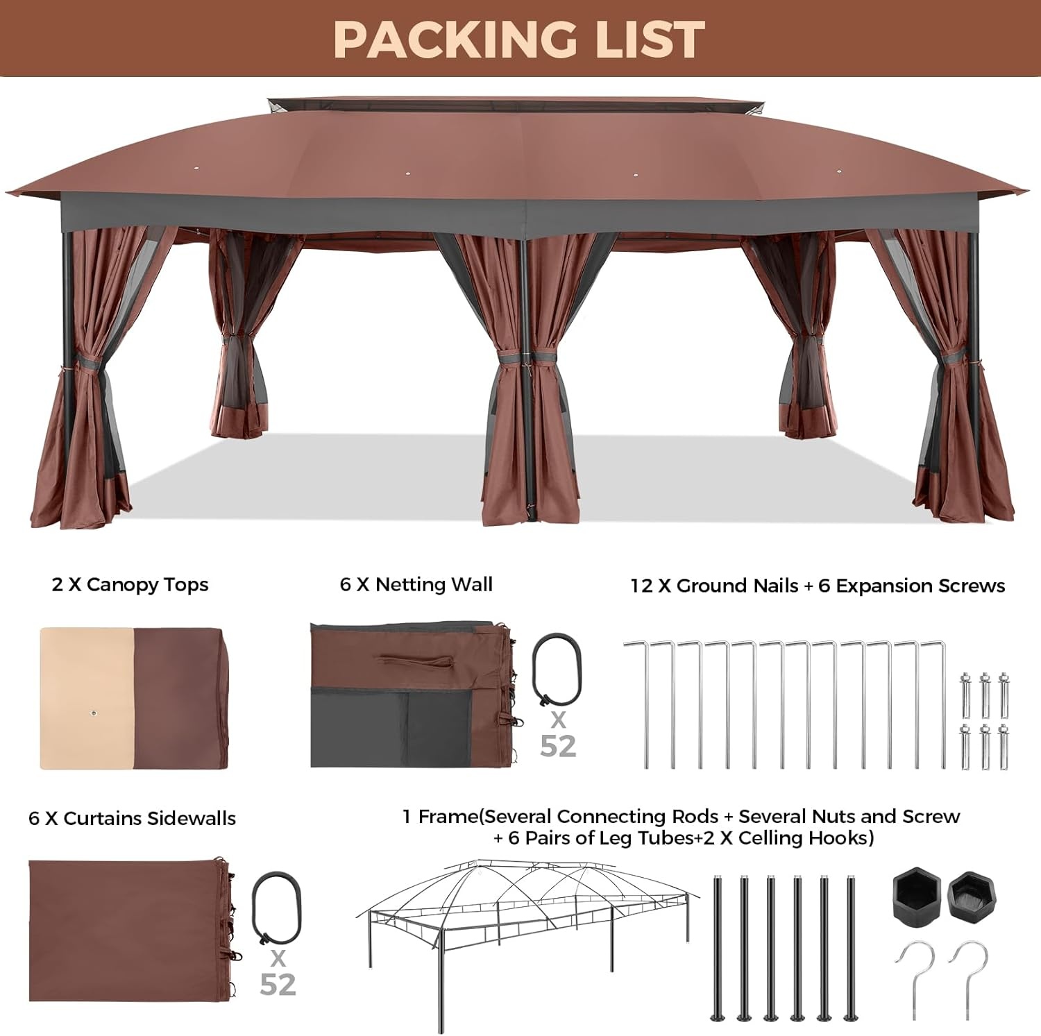 image:imageCOBIZI Gazebo 10x10 Heavy Duty Gazebos with Improved Nettings Outdoor Gazebo Double Roof Patio Gazebos with Metal Steel Frame Outdoor Canopy for Patio Deck Backyard GrayRed BrownUPF50