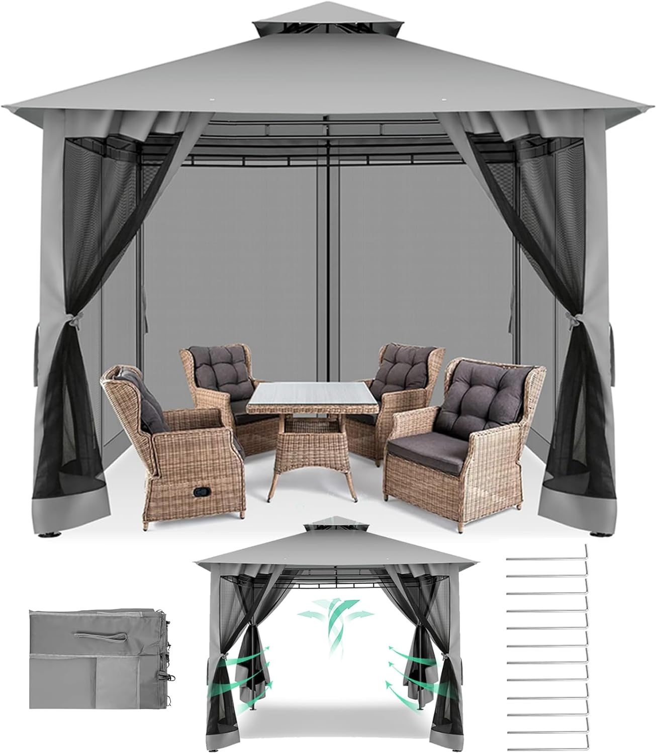 image:imageCOBIZI Gazebo 10x10 Heavy Duty Gazebos with Improved Nettings Outdoor Gazebo Double Roof Patio Gazebos with Metal Steel Frame Outdoor Canopy for Patio Deck Backyard GrayGrayUPF50