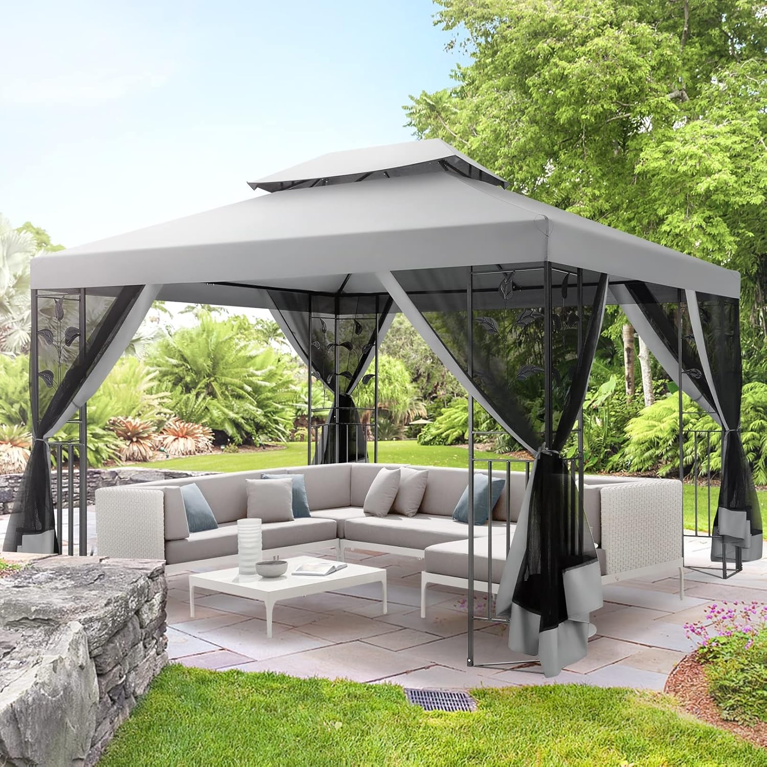 image:imageCOBIZI Gazebo 10x10 Heavy Duty Gazebos with Improved Nettings Outdoor Gazebo Double Roof Patio Gazebos with Metal Steel Frame Outdoor Canopy for Patio Deck Backyard GrayGrayUPF50
