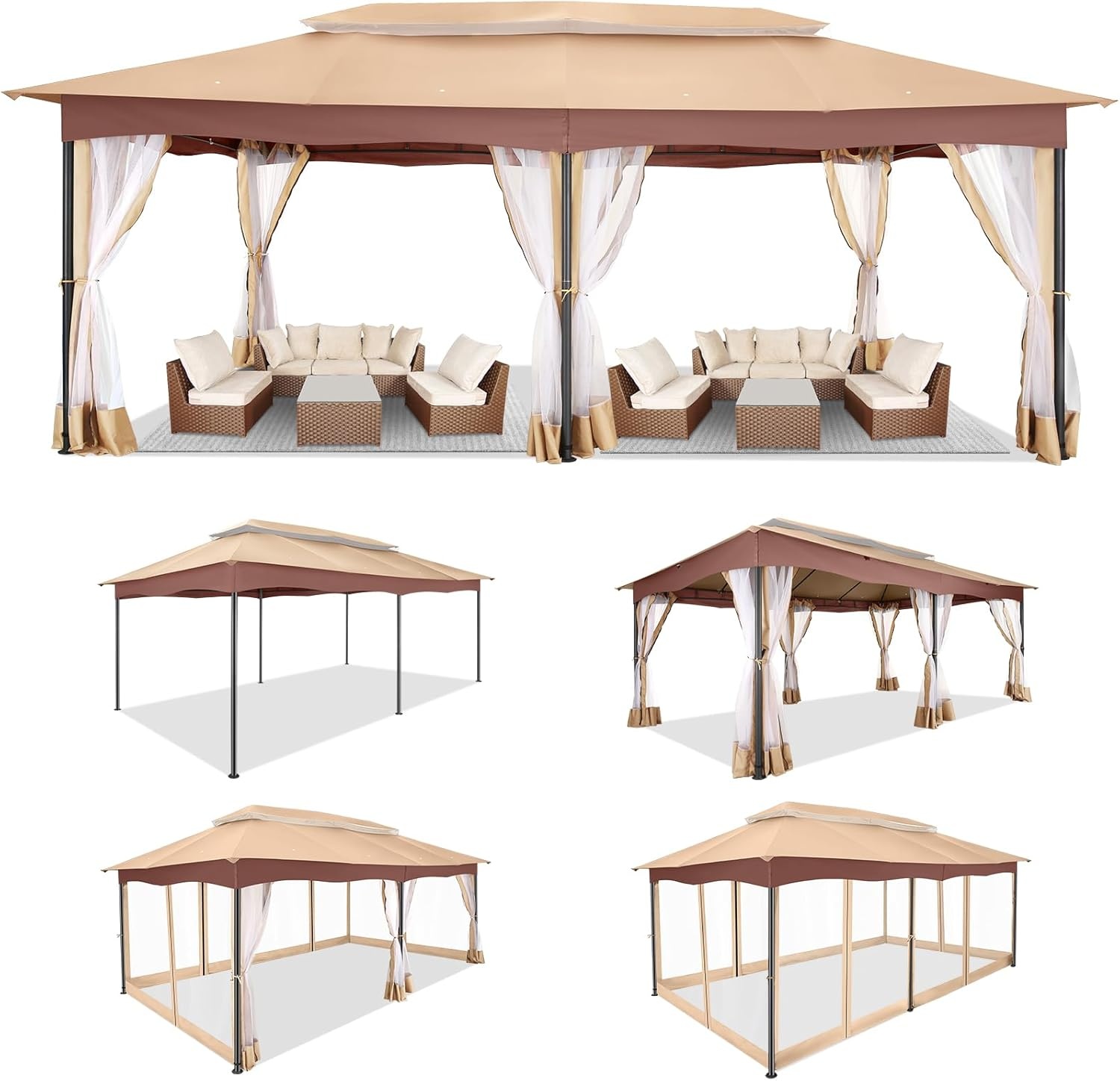 image:imageCOBIZI Gazebo 10x10 Heavy Duty Gazebos with Improved Nettings Outdoor Gazebo Double Roof Patio Gazebos with Metal Steel Frame Outdoor Canopy for Patio Deck Backyard GrayKhakiUPF50