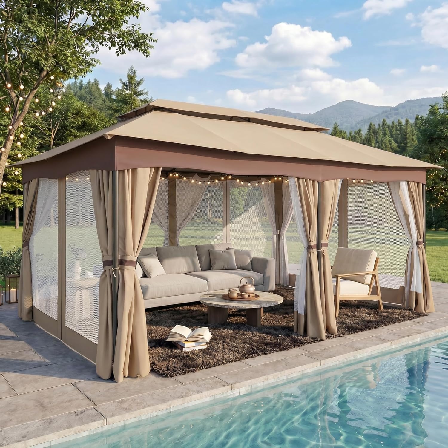 image:imageCOBIZI Gazebo 10x10 Heavy Duty Gazebos with Improved Nettings Outdoor Gazebo Double Roof Patio Gazebos with Metal Steel Frame Outdoor Canopy for Patio Deck Backyard GrayKhakiUPF50